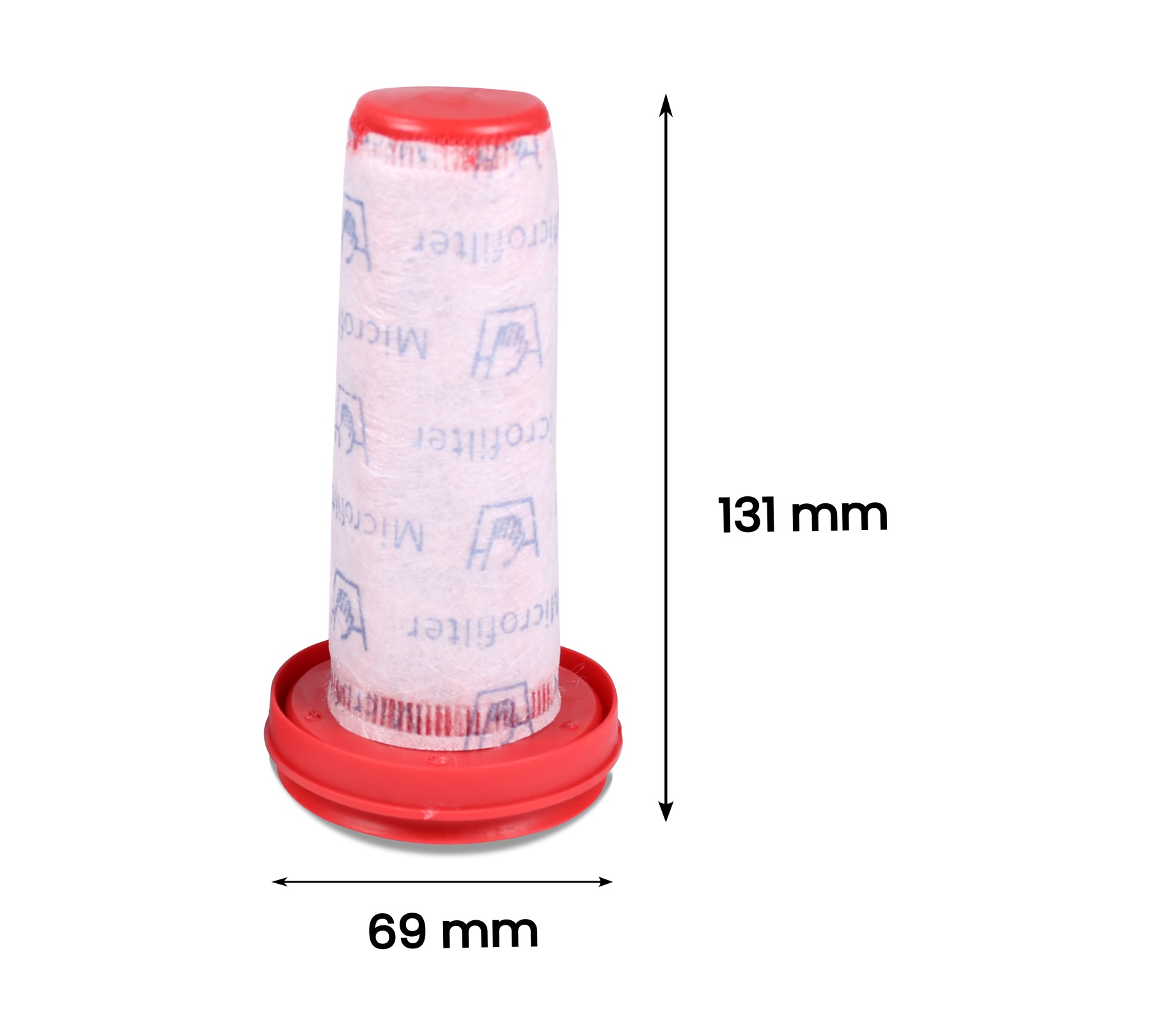 Ein zylindrischer Filter in Rot und Weiß. Er hat eine rote Kappe und einen roten Sockel mit den Maßen 69 mm x 131 mm.