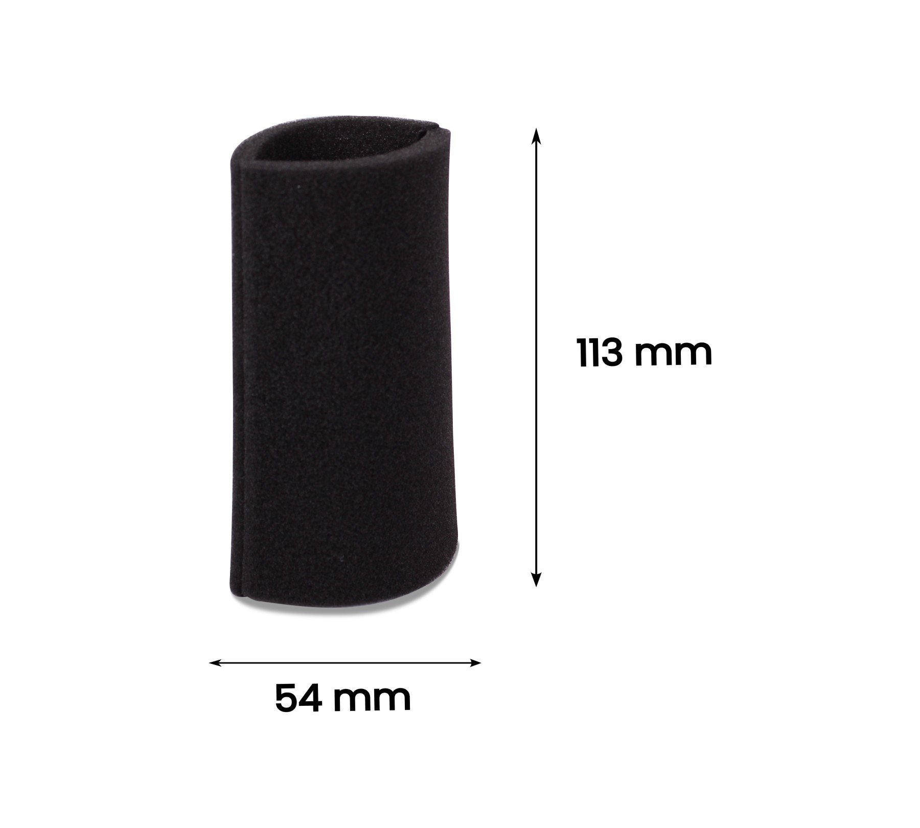 Ein schwarzer Schaumstoffzylinder, 113 mm hoch und 54 mm breit, vor weißem Hintergrund. Maße sind beschriftet.