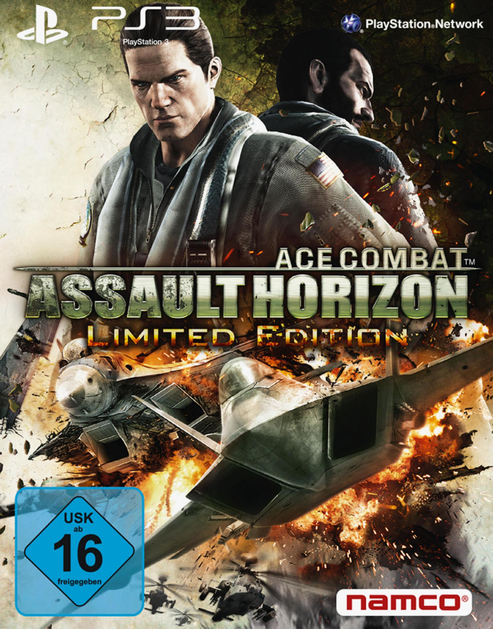 Spiel-Cover: Zwei Männer und ein Jet-Jäger in Flammen. Der Spieletitel lautet Ace Combat: Assault Horizon, Limited Edition.