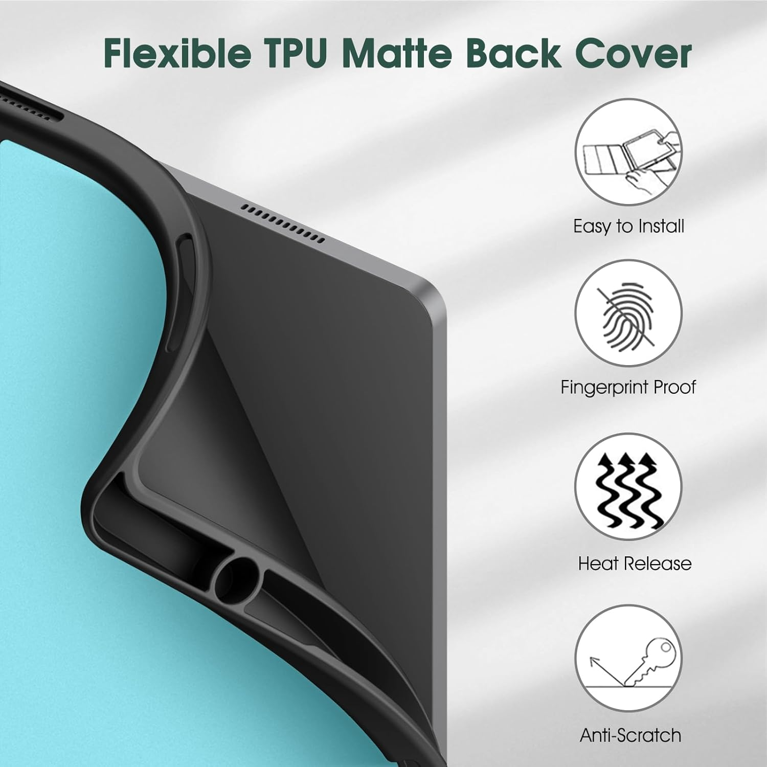 Eine schwarze TPU-Matte-Rückseite für ein Gerät. Merkmale sind einfache Installation, Fingerabdruckschutz, Wärmeableitung und Anti-Kratzschutz.