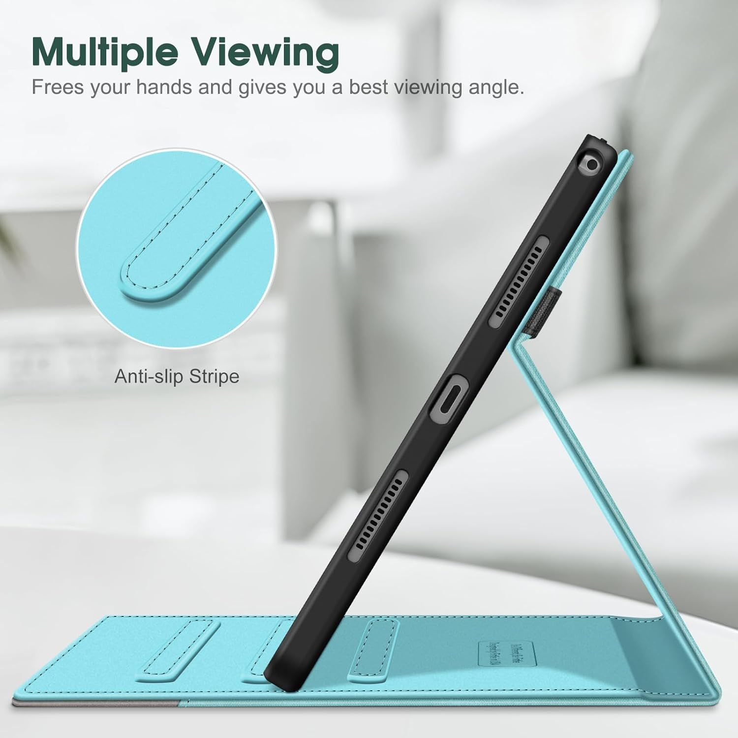 Eine Tablet-Hülle, schwarz und türkis, ist geöffnet und hochgestellt. Der Text oben lautet 'Multiple Viewing'.