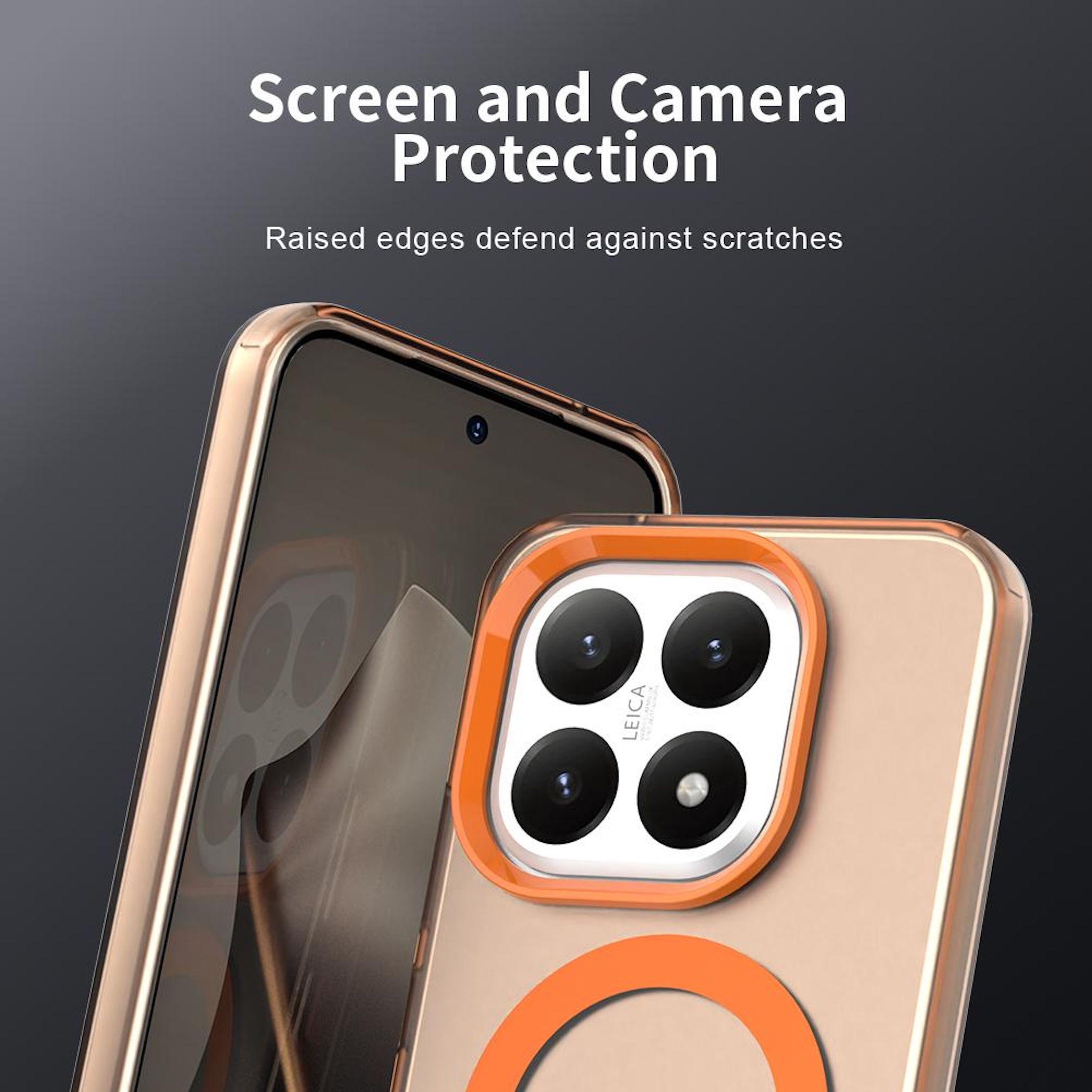 Una funda de teléfono con detalles en naranja. Tiene bordes elevados para la protección de la pantalla y la cámara.