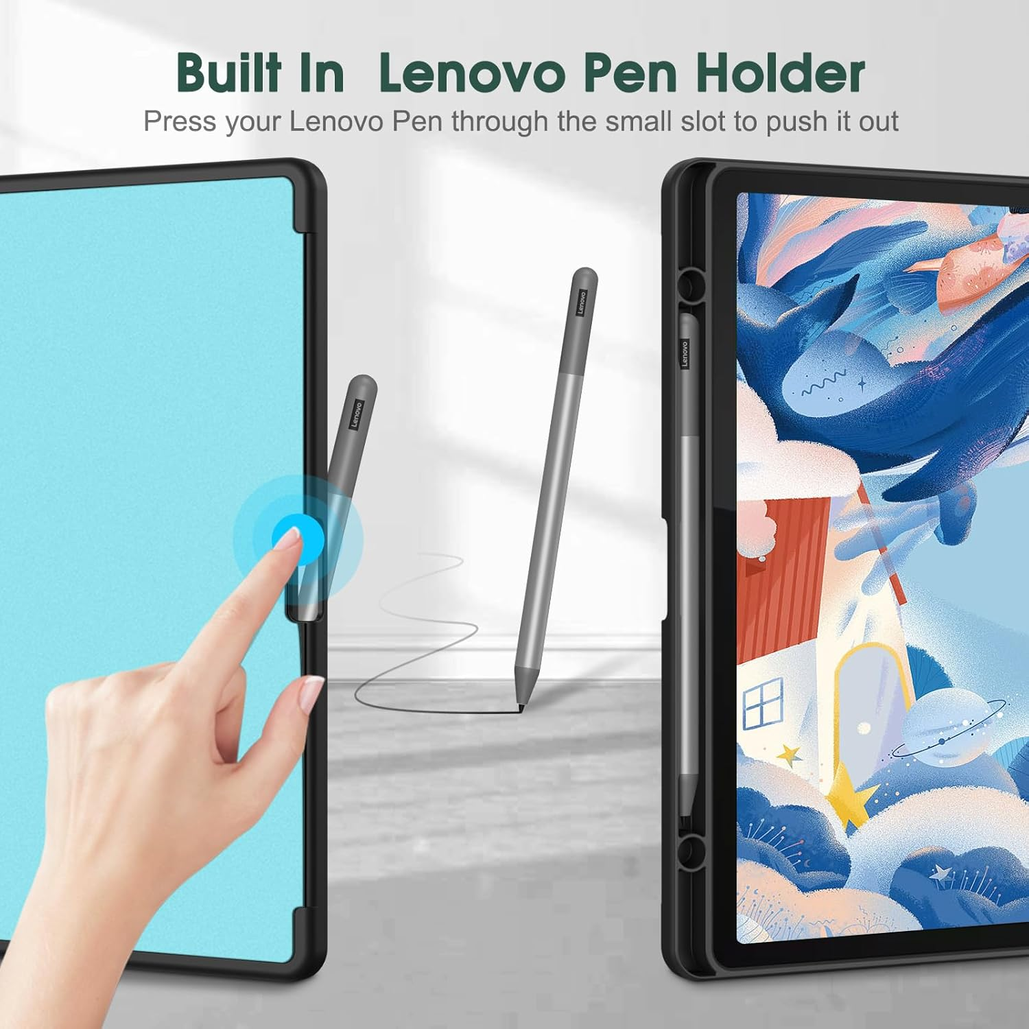 Das Bild zeigt ein Tablet mit Stift. Eine Hand berührt den Bildschirm. Text: Built In Lenovo Pen Holder. Drücken Sie den Stift durch den Schlitz.