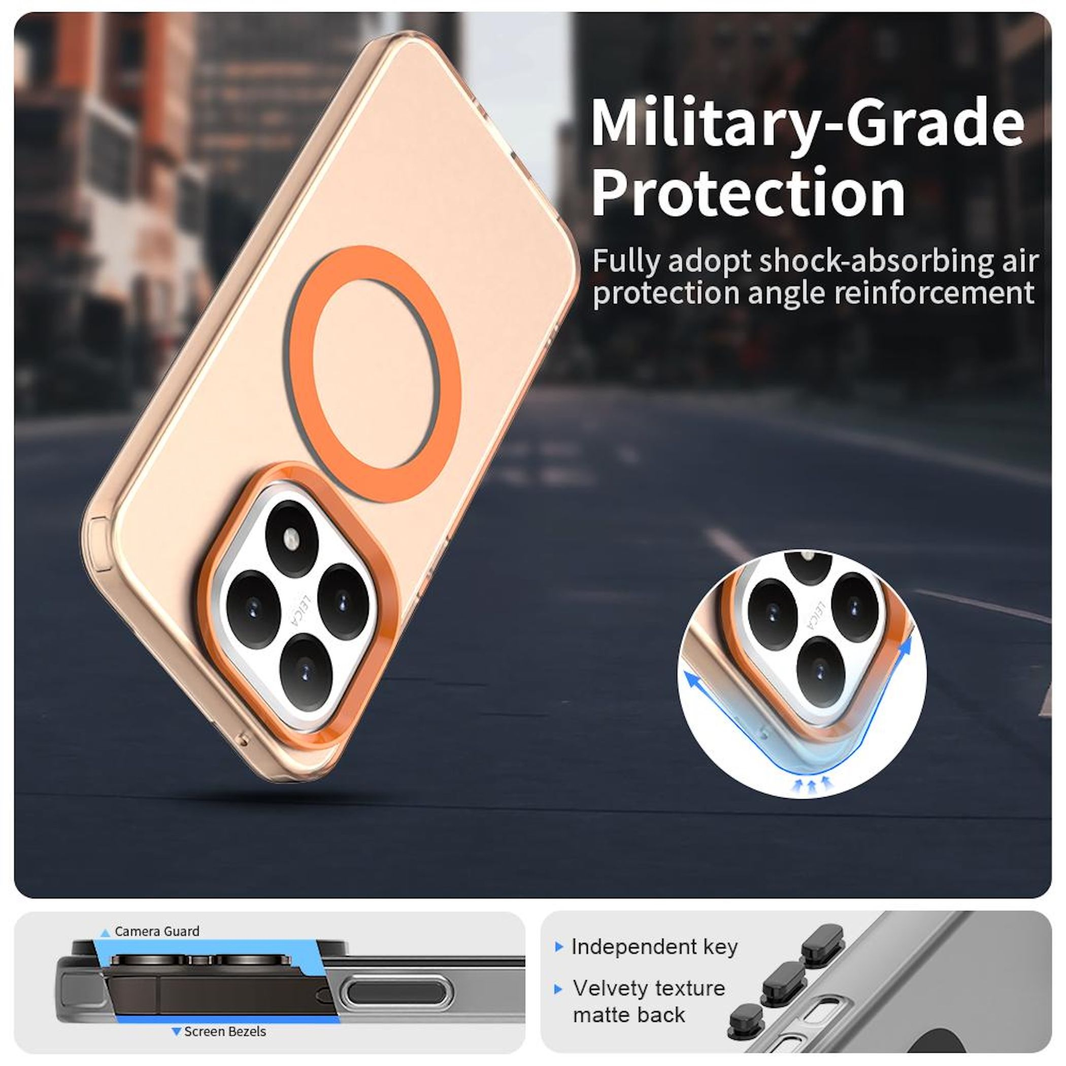 Se muestra una funda de teléfono con un diseño transparente y detalles en naranja, resaltando la cámara y un anillo magnético.