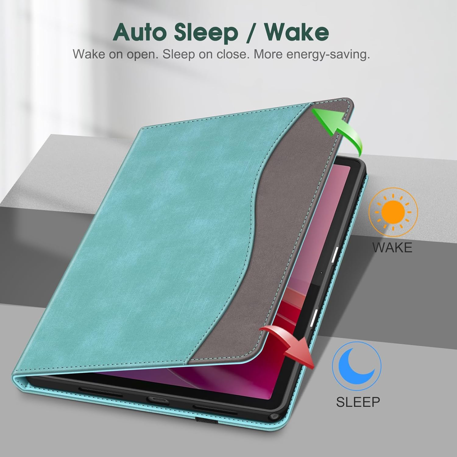 Ein Tablet in einer türkis-grauen Hülle wird gezeigt. Die Hülle ist geöffnet, mit Pfeilen, die 'Wake' und 'Sleep' Funktionen anzeigen. Sonnen- und Mondsymbole sind ebenfalls vorhanden.