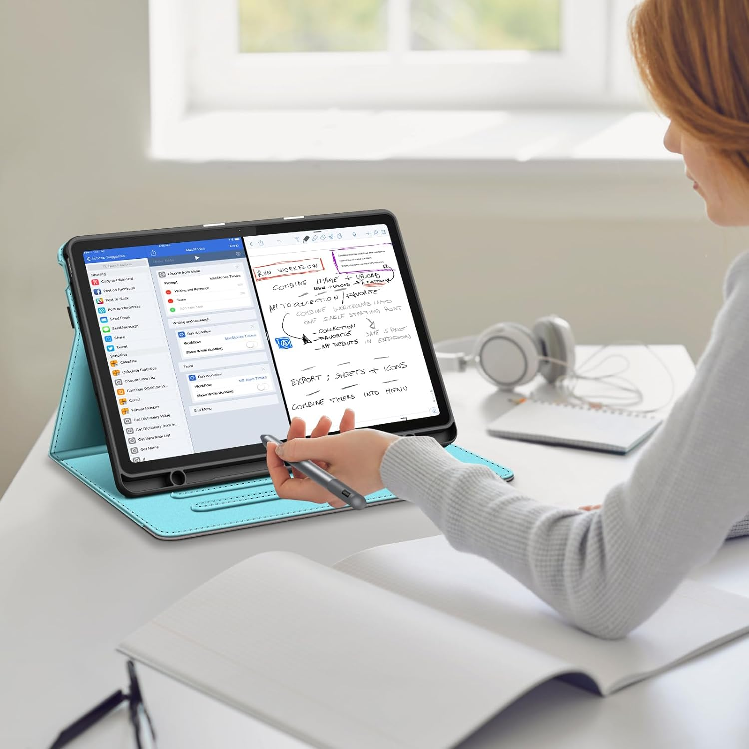 Eine Frau benutzt ein Tablet mit Stift. Der Bildschirm zeigt handschriftliche Notizen über Workflow und App-Funktionen.