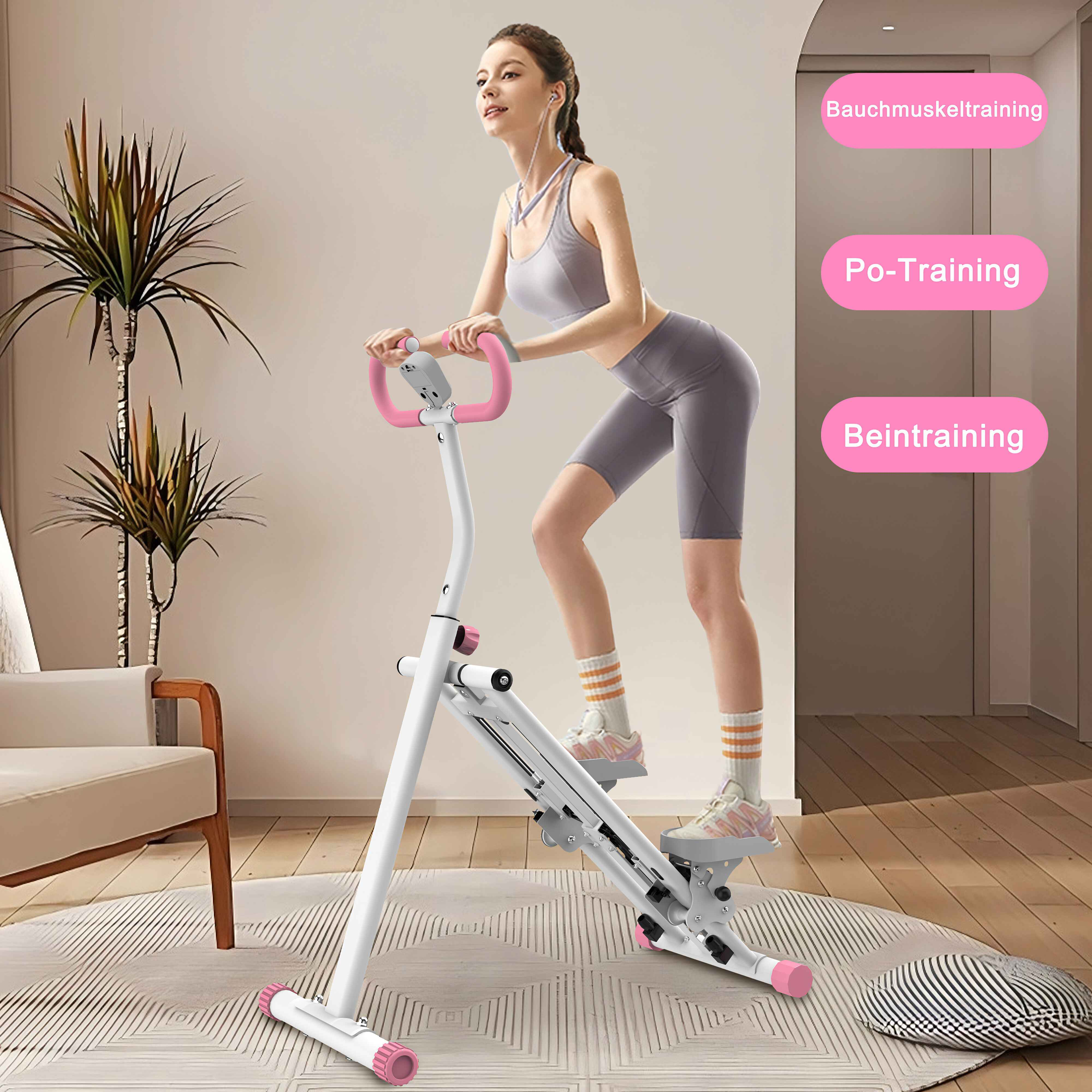 Eine Frau trainiert auf einem weißen und rosa Stepper. Der Hintergrund hat Pflanzen, einen Teppich und Textetiketten.