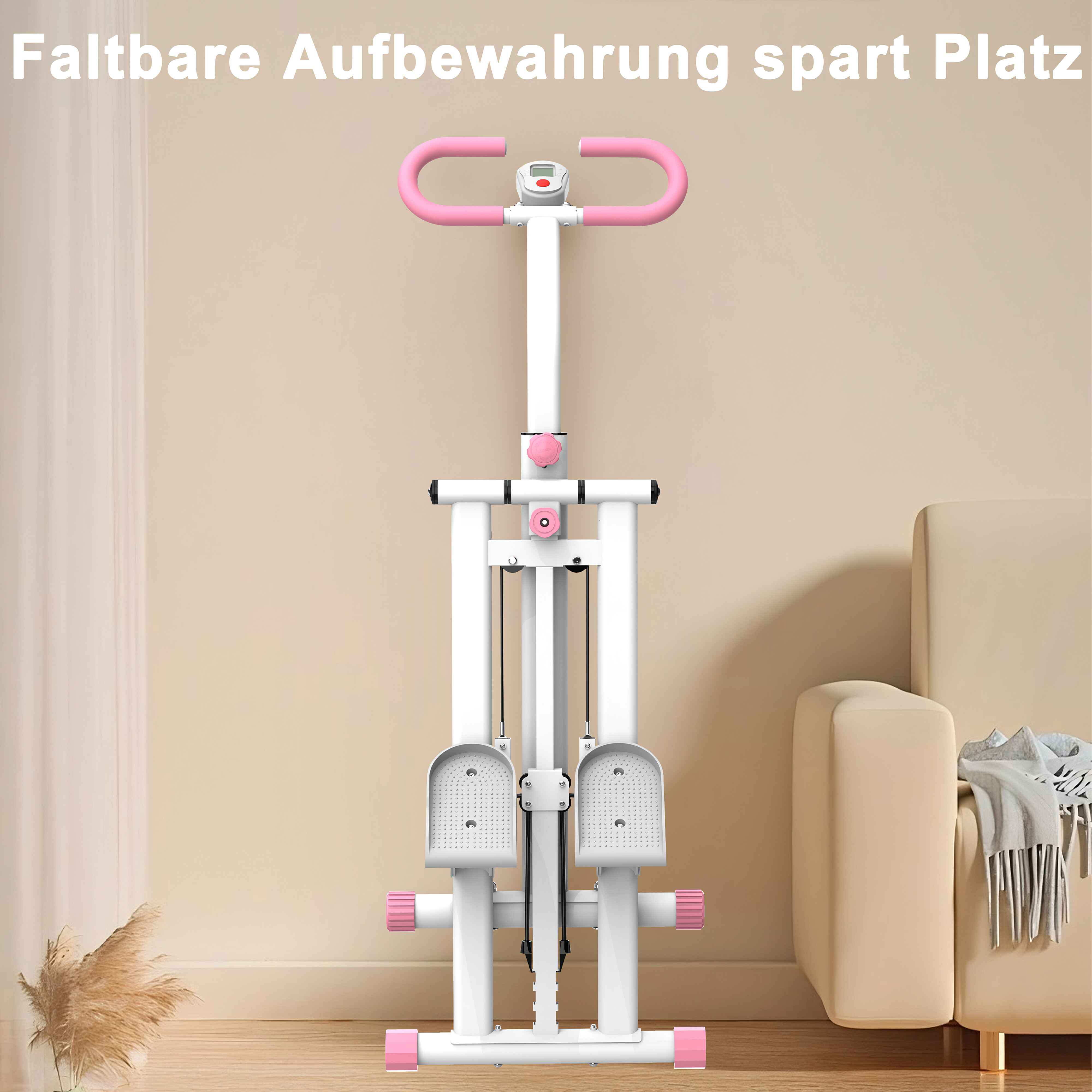 Ein weiß-rosa Trainingsgerät steht in einem Raum. Rechts ist eine beige Couch. Getrocknete Pflanzen sind links.