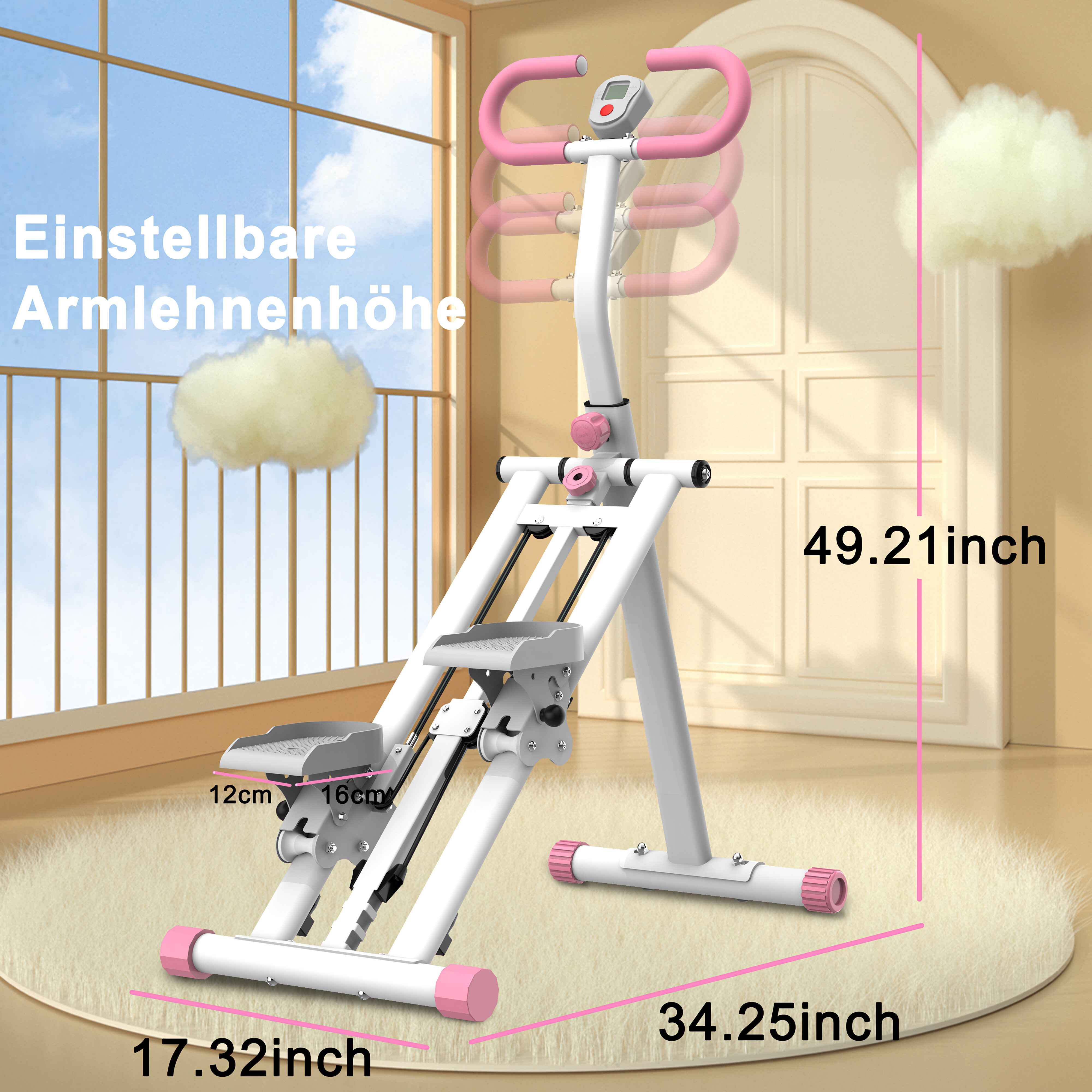 Eine weiße und rosa Trainingsmaschine mit Maßangaben. Im Hintergrund ein Fenster und eine Tür.