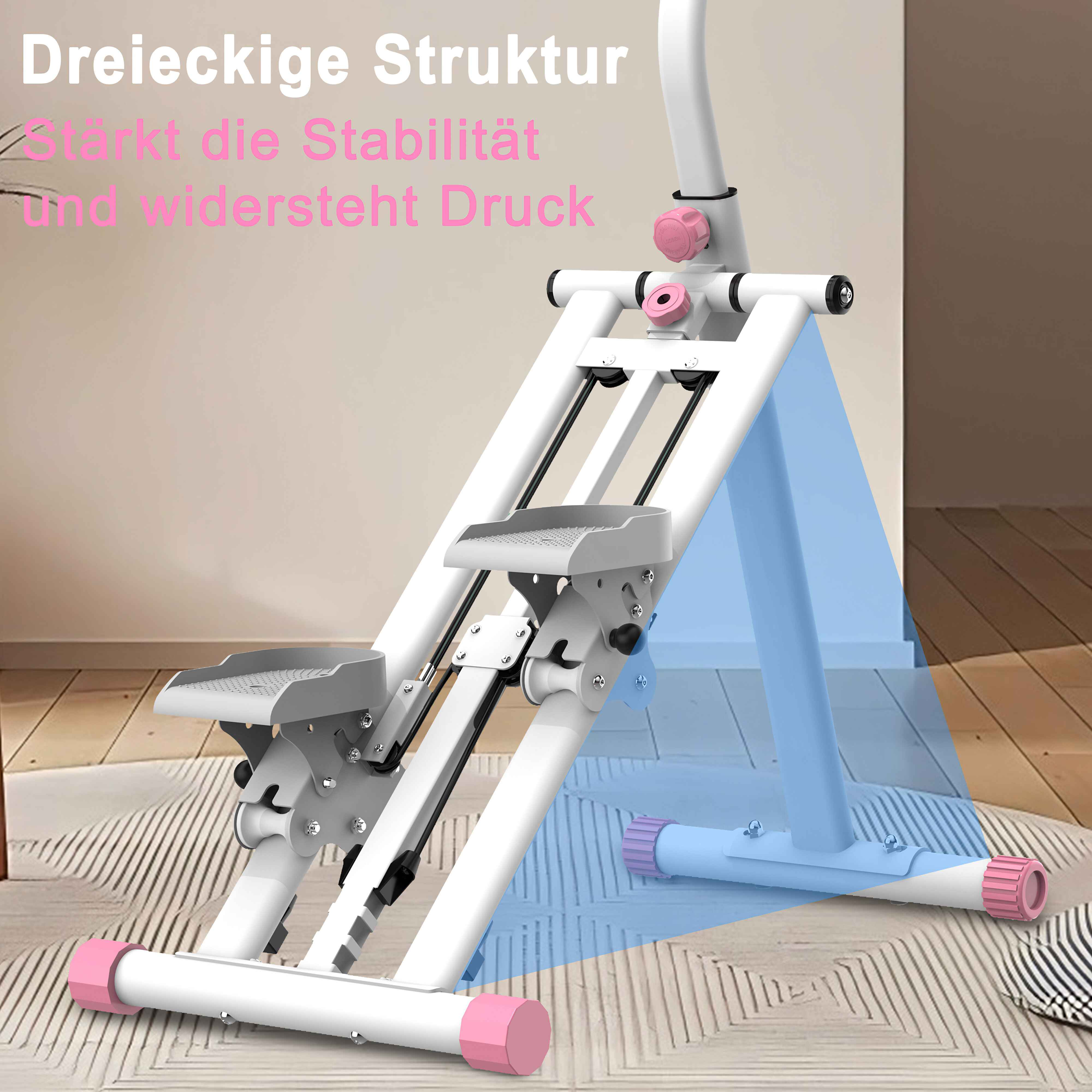 Ein weiß-rosa Stepper. Der Hintergrund hat eine beige Wand. Das Gerät hat eine dreieckige Form.