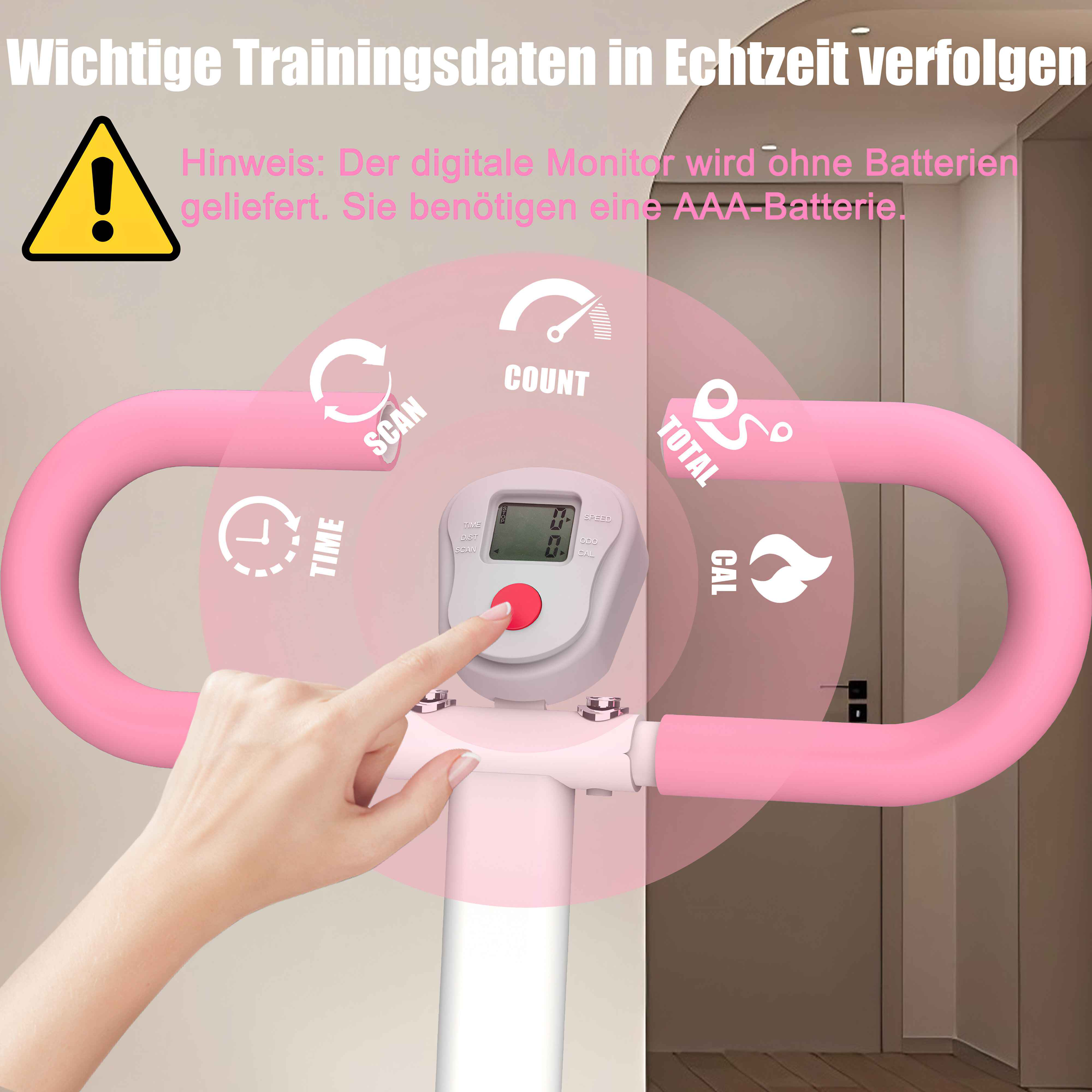 Eine Hand drückt eine rote Taste auf einem Fitnessmonitor mit einem rosa Griff. Text und Symbole umgeben den Monitor.
