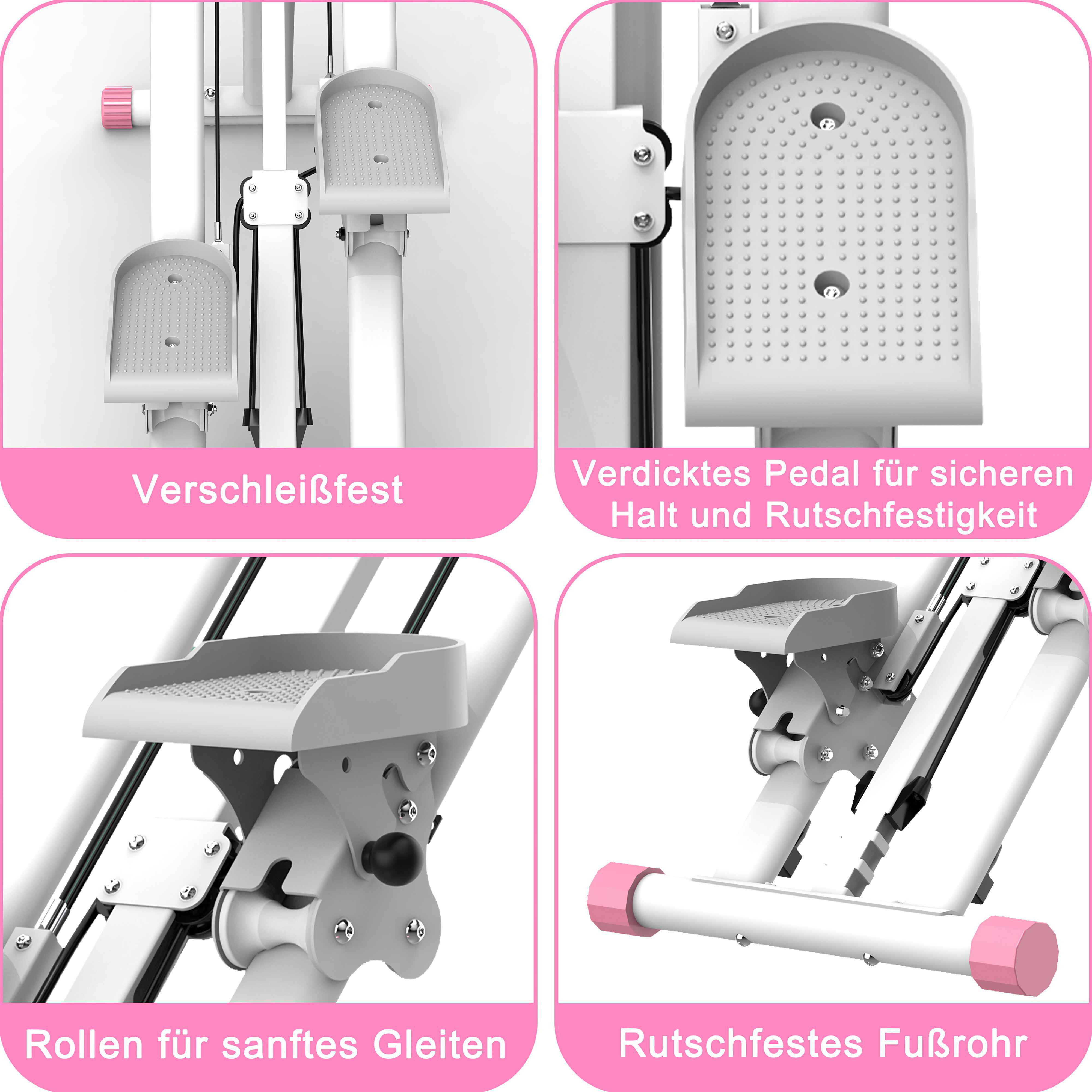 Das Bild zeigt einen weißen und rosa Stepper. Er hat weiße Stufen und eine rosa Basis. Es gibt Nahaufnahmen von Teilen.