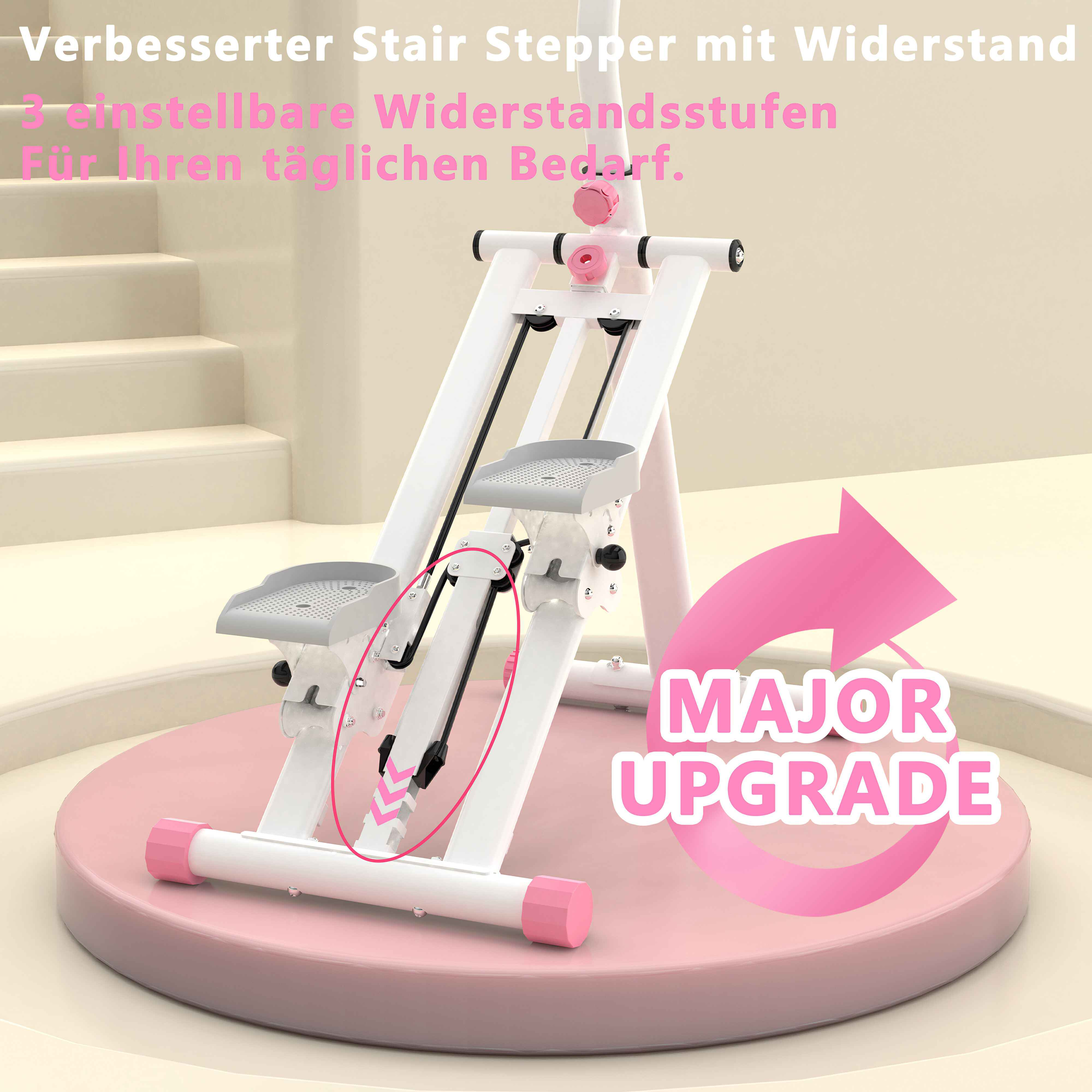 Weiß-rosa Treppensteiger mit Pfeilgrafik. Der Text lautet 'Major Upgrade'.