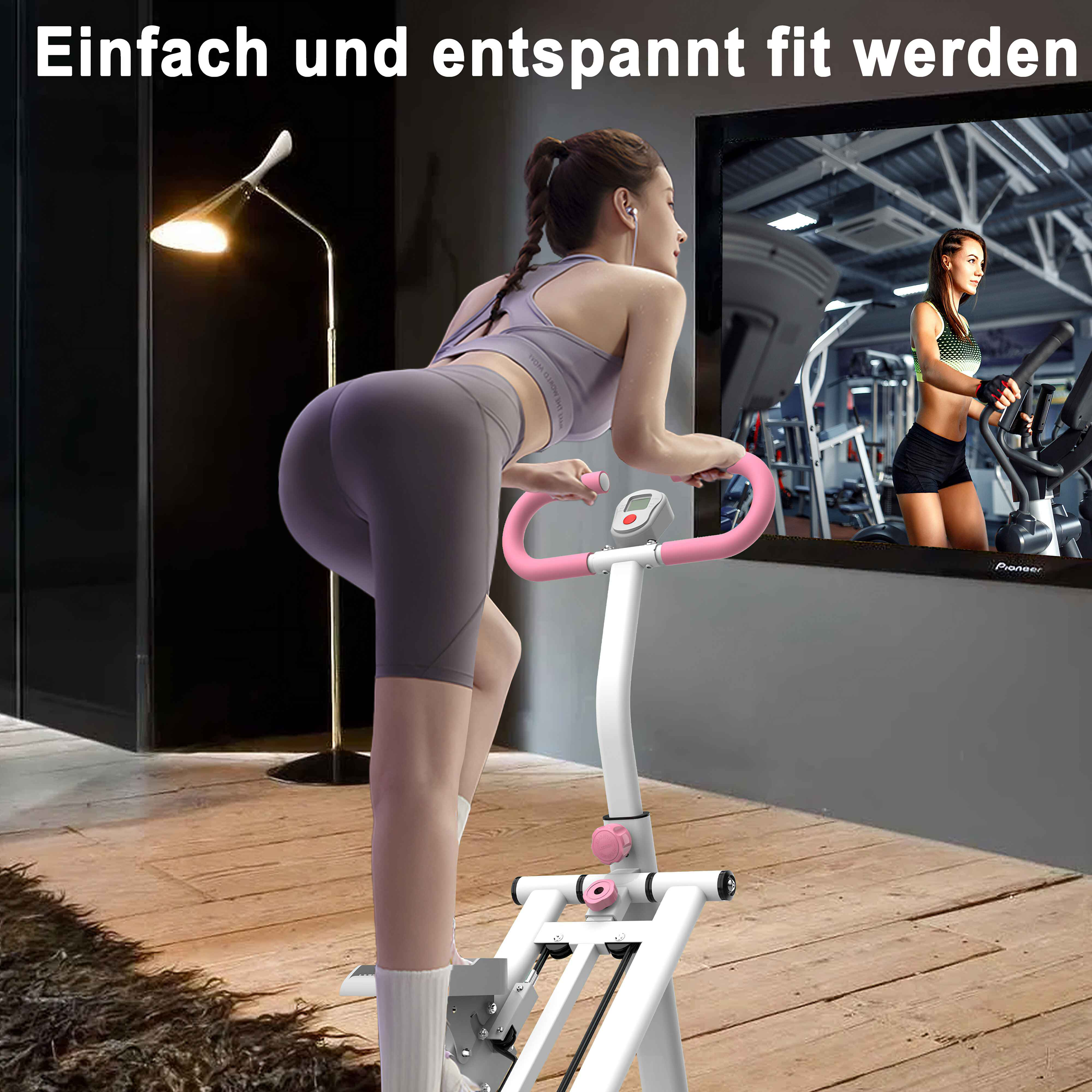Eine Frau trainiert auf einer weiß-rosa Maschine. Ein Spiegel spiegelt eine Frau auf einem Crosstrainer wider.