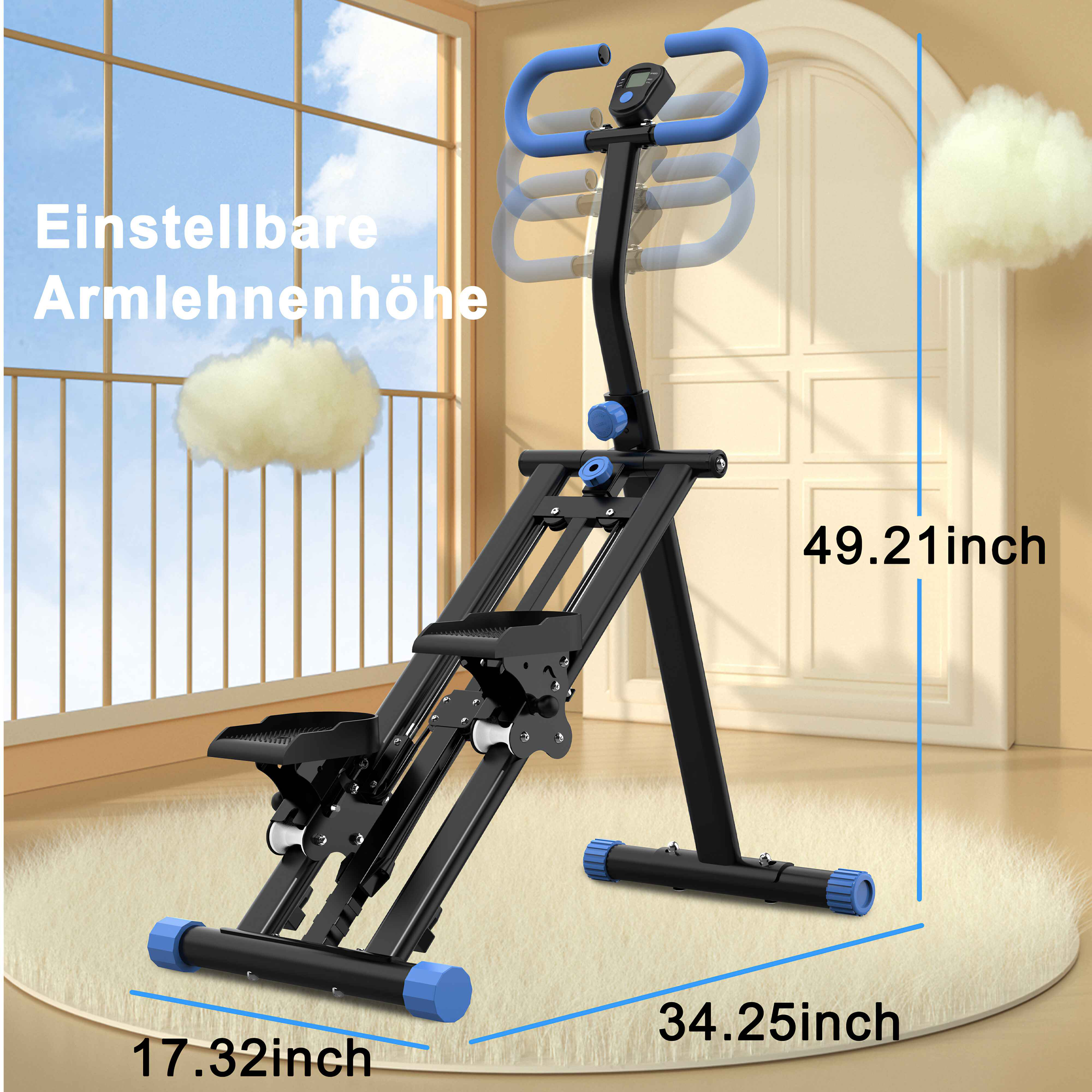Eine Trainingsmaschine mit blauen Akzenten wird angezeigt. Abmessungen sind angegeben. Der Hintergrund ist ein Fenster und eine Wolke.