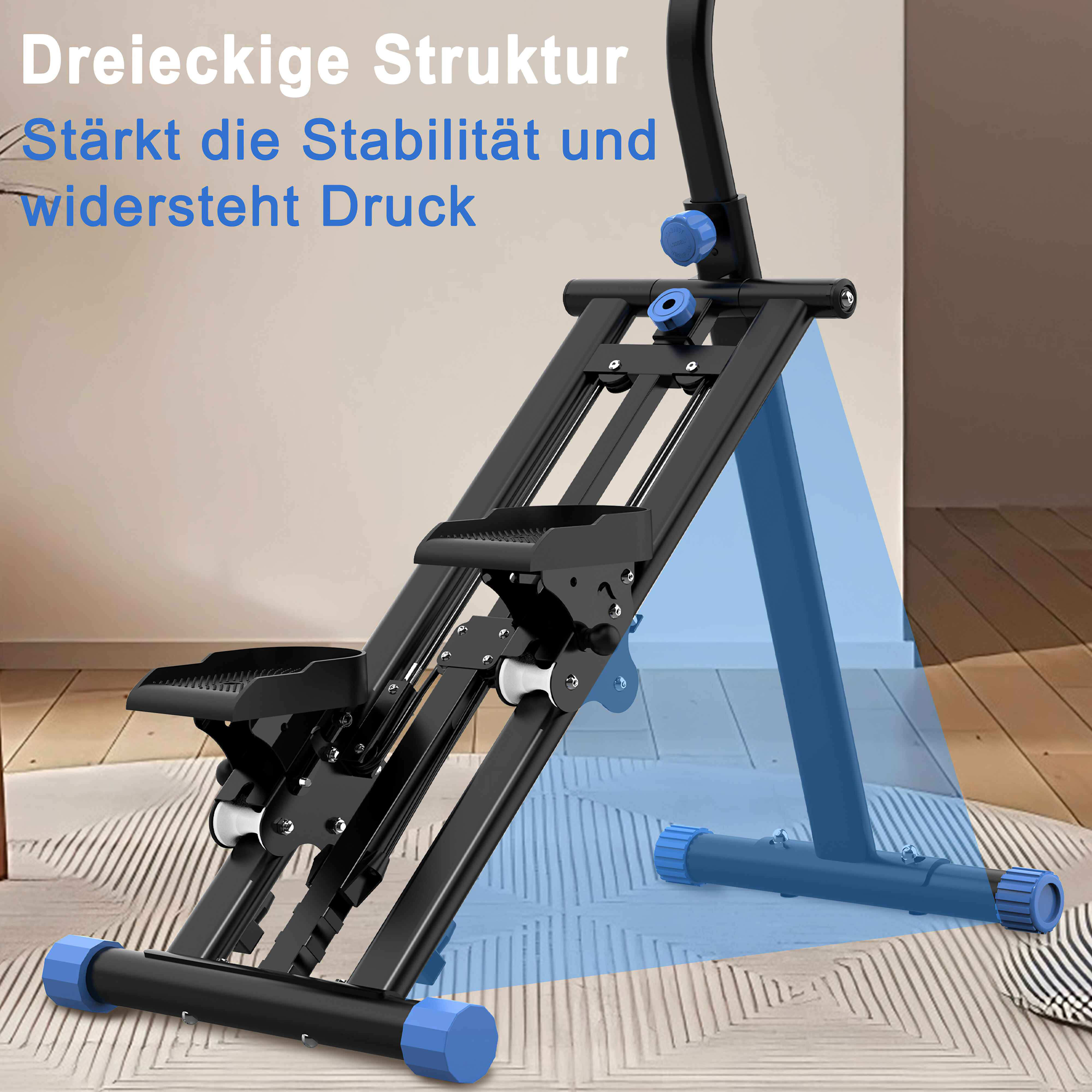 Schwarzes Trainingsgerät mit blauen Akzenten auf einem gemusterten Teppich. Text lautet: 'Dreieckige Struktur stärkt die Stabilität.'