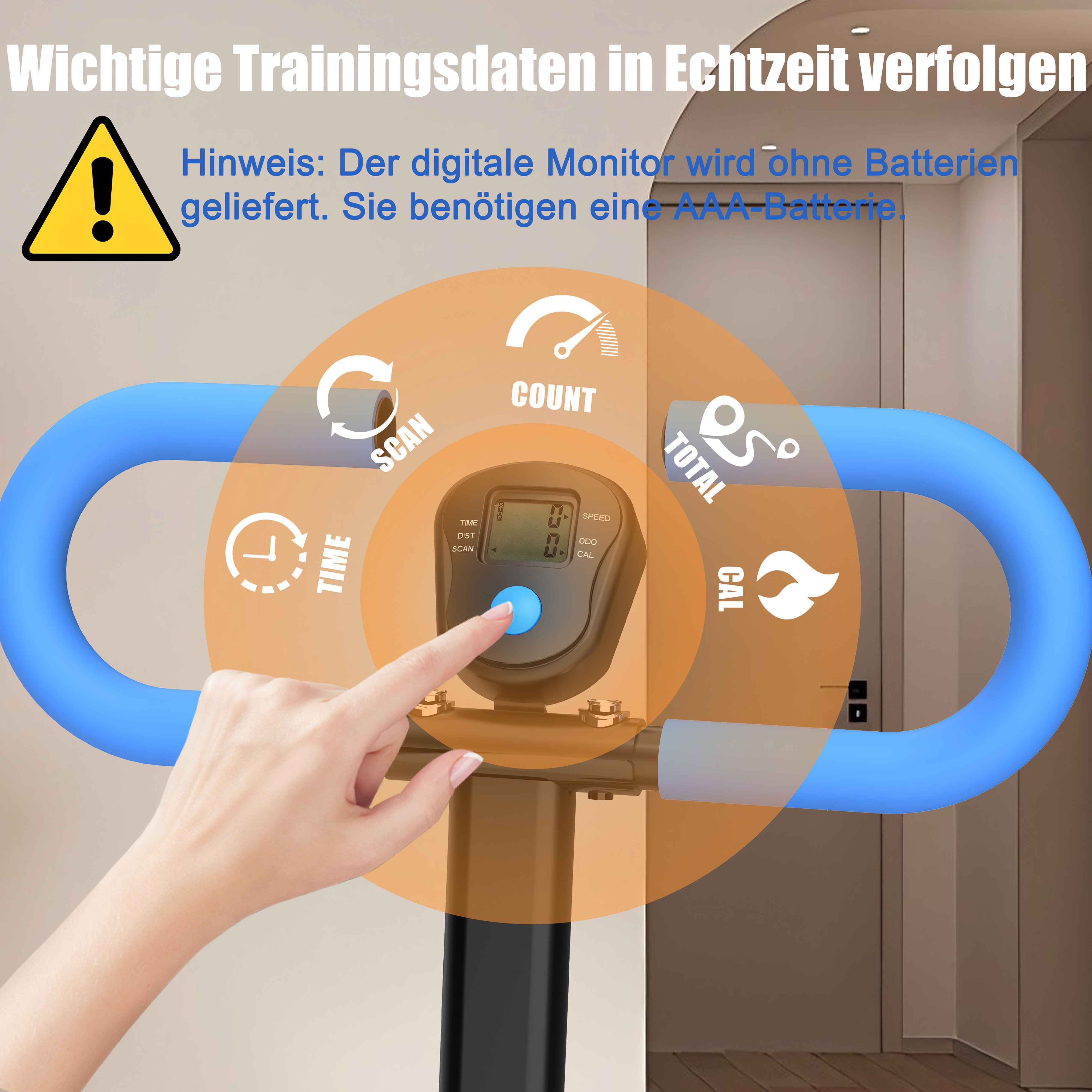Eine Hand berührt eine Taste auf einem Fitness-Tracker. Blaue Balken ziehen sich über einen Bildschirm mit Trainingsdaten.
