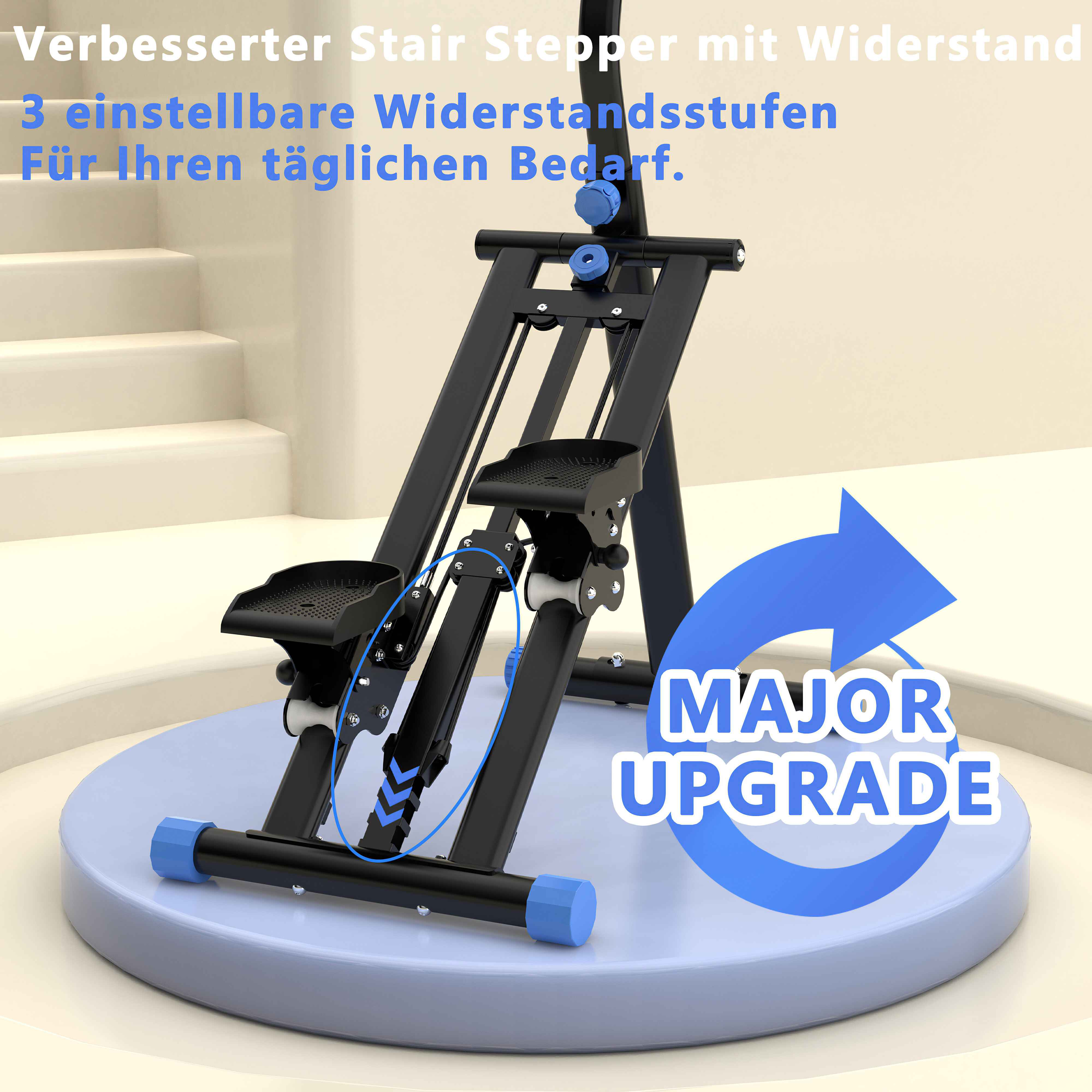 Eine Treppensteigmaschine. Sie ist schwarz mit blauen Akzenten, einem Major-Upgrade-Pfeil und Text auf Deutsch.