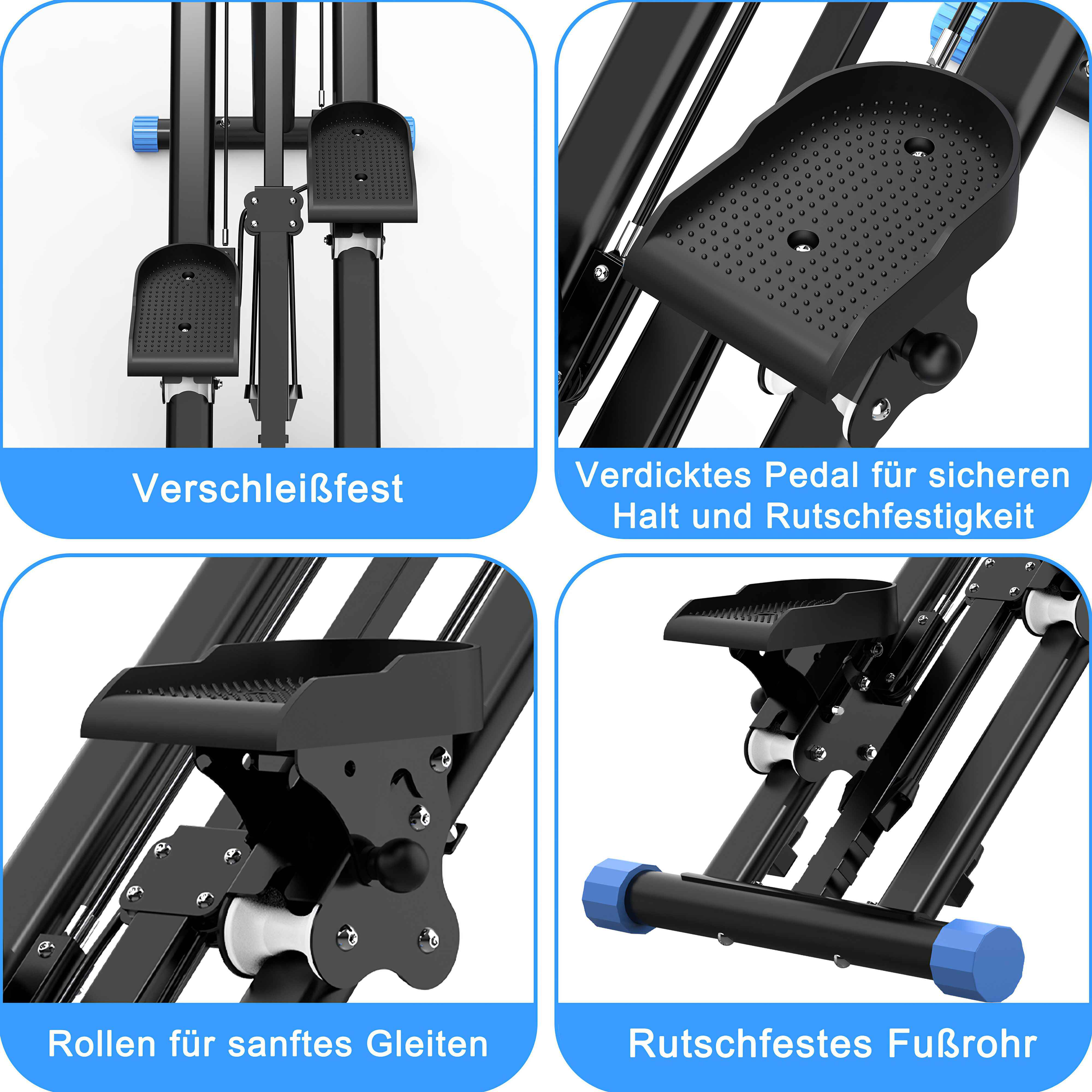 Eine Trainingsmaschine mit schwarzen Teilen und blauen Akzenten wird aus verschiedenen Winkeln gezeigt. Sie hat Pedale und ein rutschfestes Fußrohr.