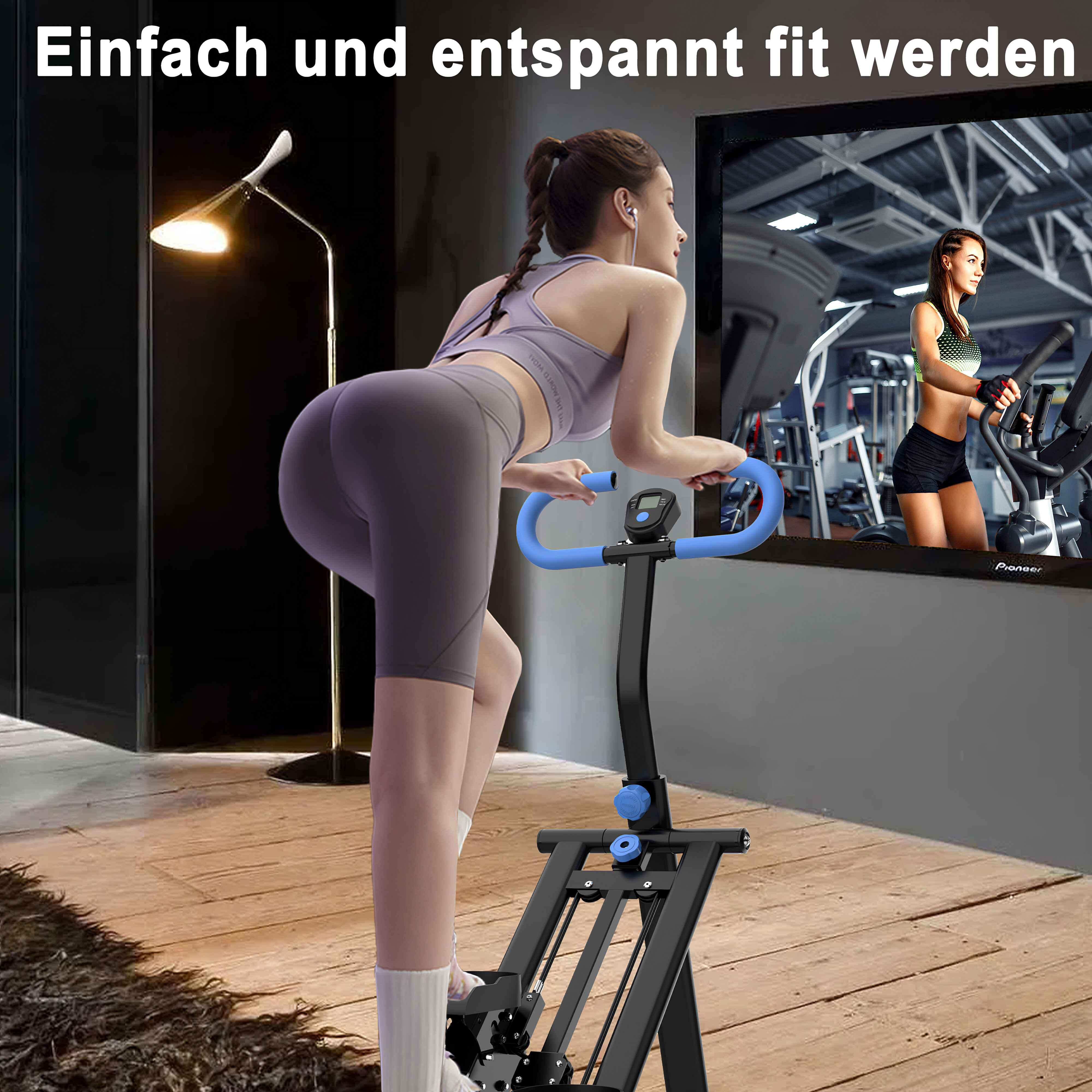 Frau auf Trainingsgerät, Spiegelbild zeigt weitere Frau. Text oben. Holzfußboden.