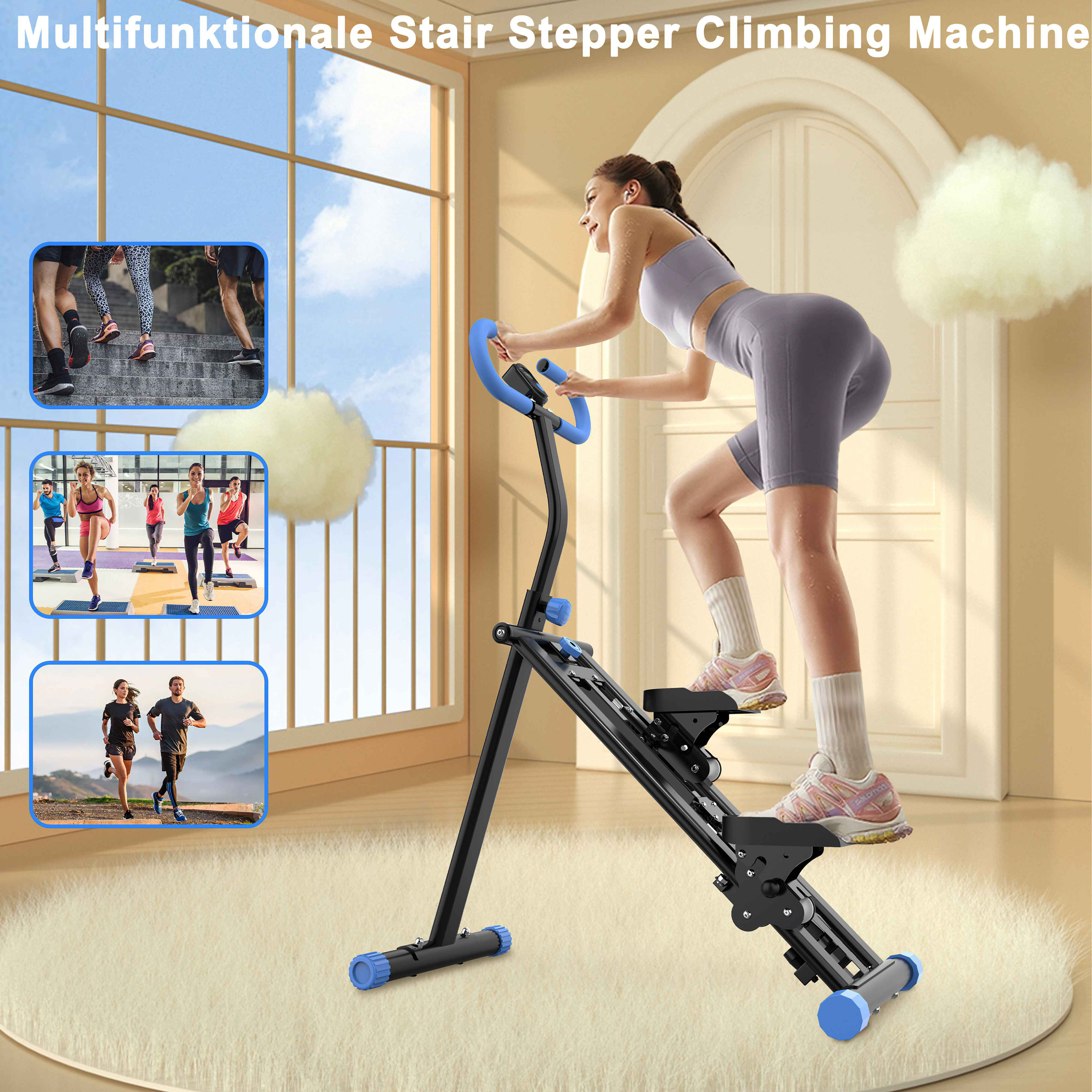 Frau auf einem Stair Stepper. Die Maschine ist schwarz und blau. Der Hintergrund ist ein Fenster und ein flauschiger Teppich.
