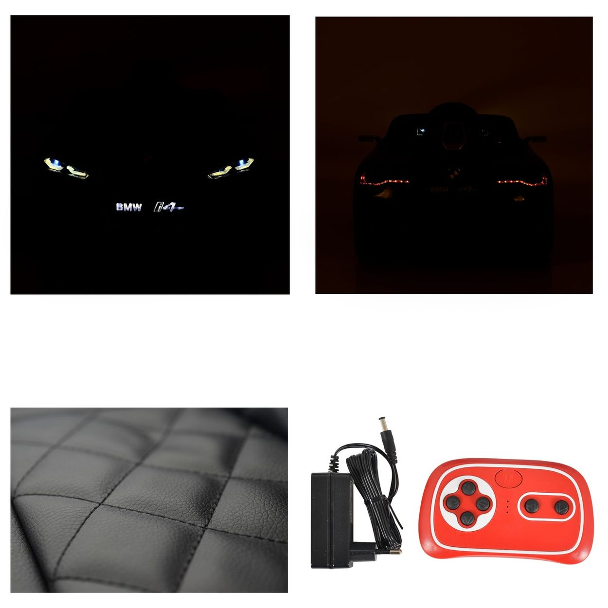 Das Bild enthält vier separate Bilder. Die ersten beiden zeigen Autoscheinwerfer und -rückleuchten. Die anderen beiden zeigen Leder und eine Fernbedienung.