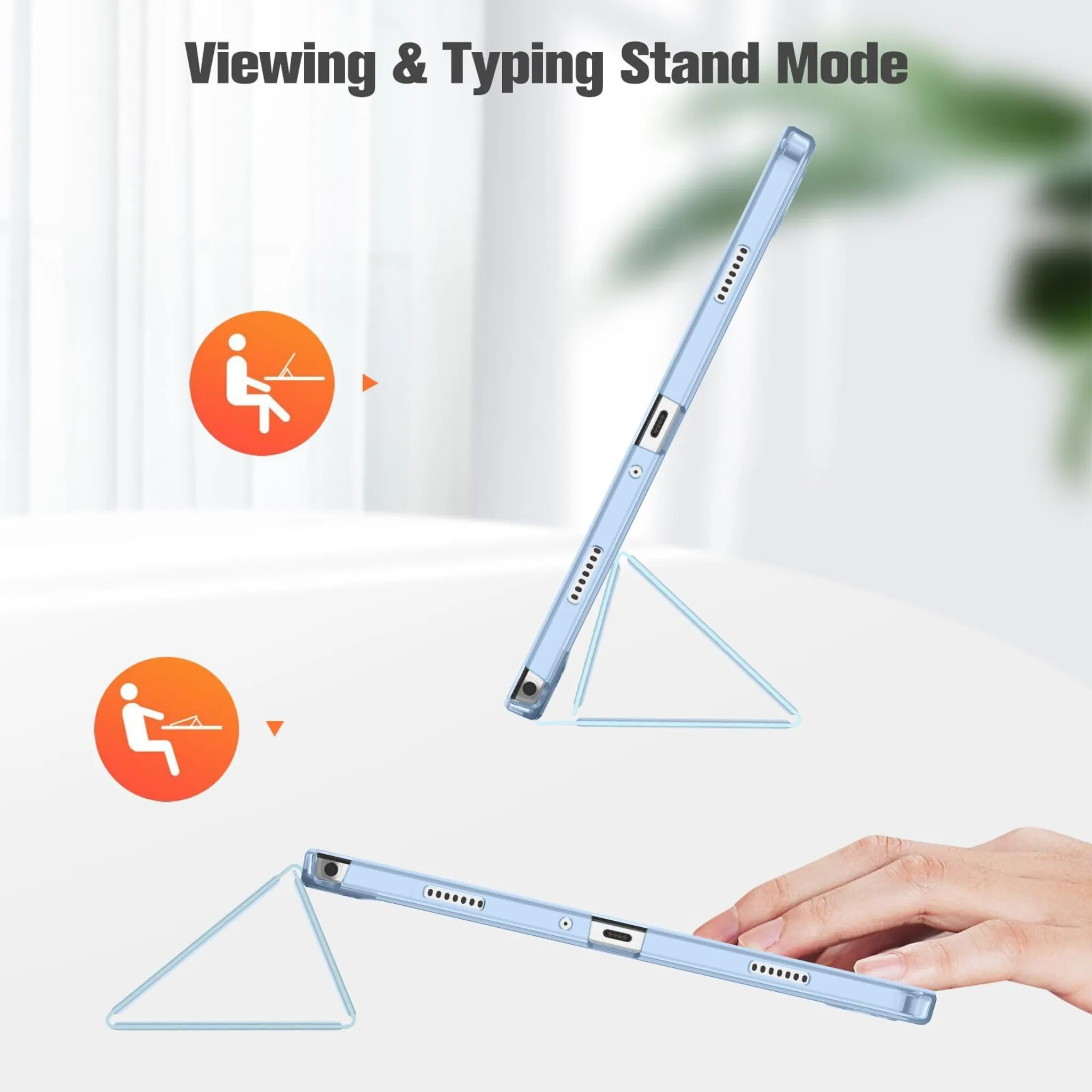 Ein Tablet mit hellblauem Gehäuse wird in zwei Standmodi gezeigt, unterstützt von transparenten dreieckigen Ständern, mit orangefarbenen Symbolen.