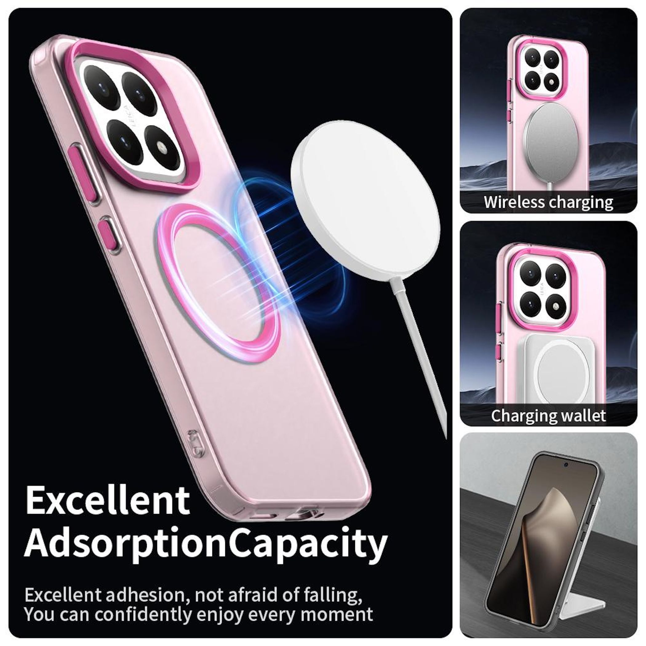 Funda de teléfono rosa con cargador blanco. Texto: Excelente capacidad de adsorción. Otras imágenes muestran carga inalámbrica y cartera.