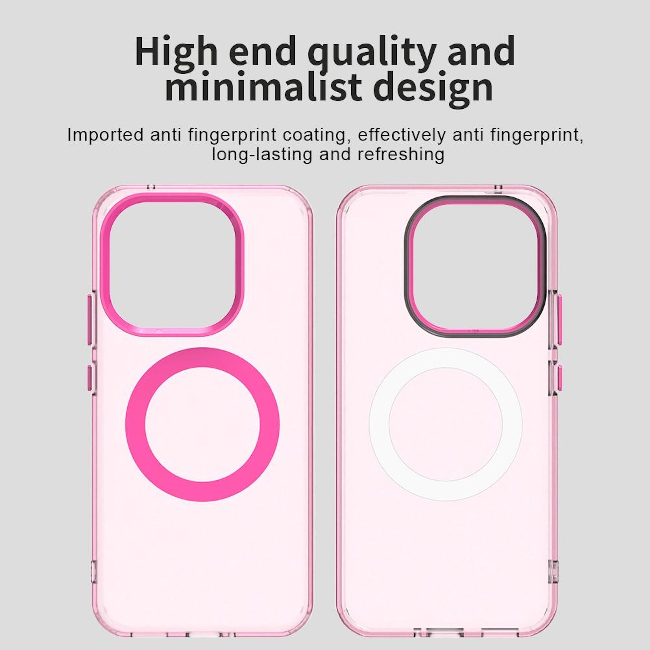 Dos fundas transparentes para teléfono con círculos rosas y blancos, y bordes rosas. Texto superior: Diseño minimalista y de alta calidad.