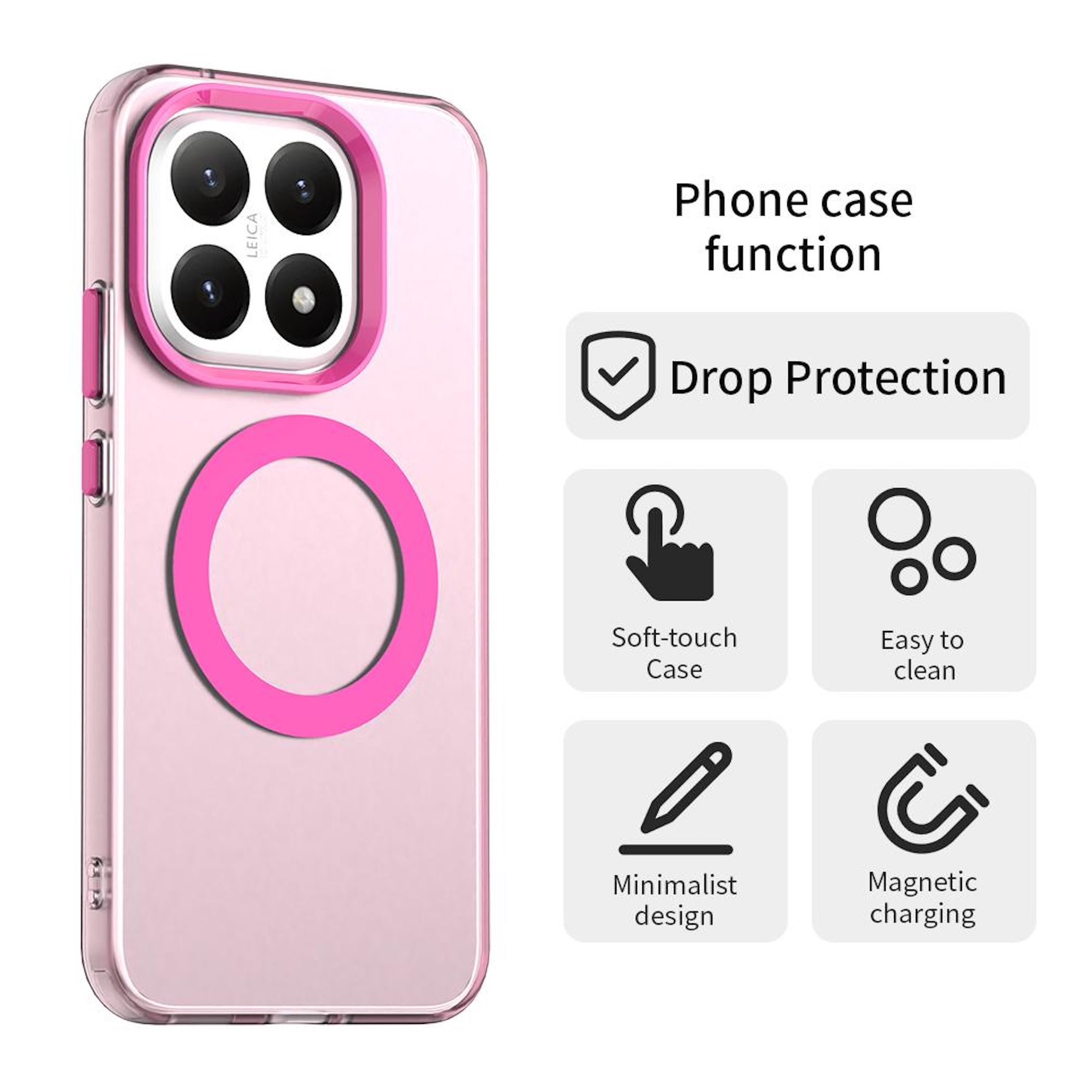 Una funda de teléfono rosa con un círculo rosa sobre un fondo blanco, con iconos de funciones.