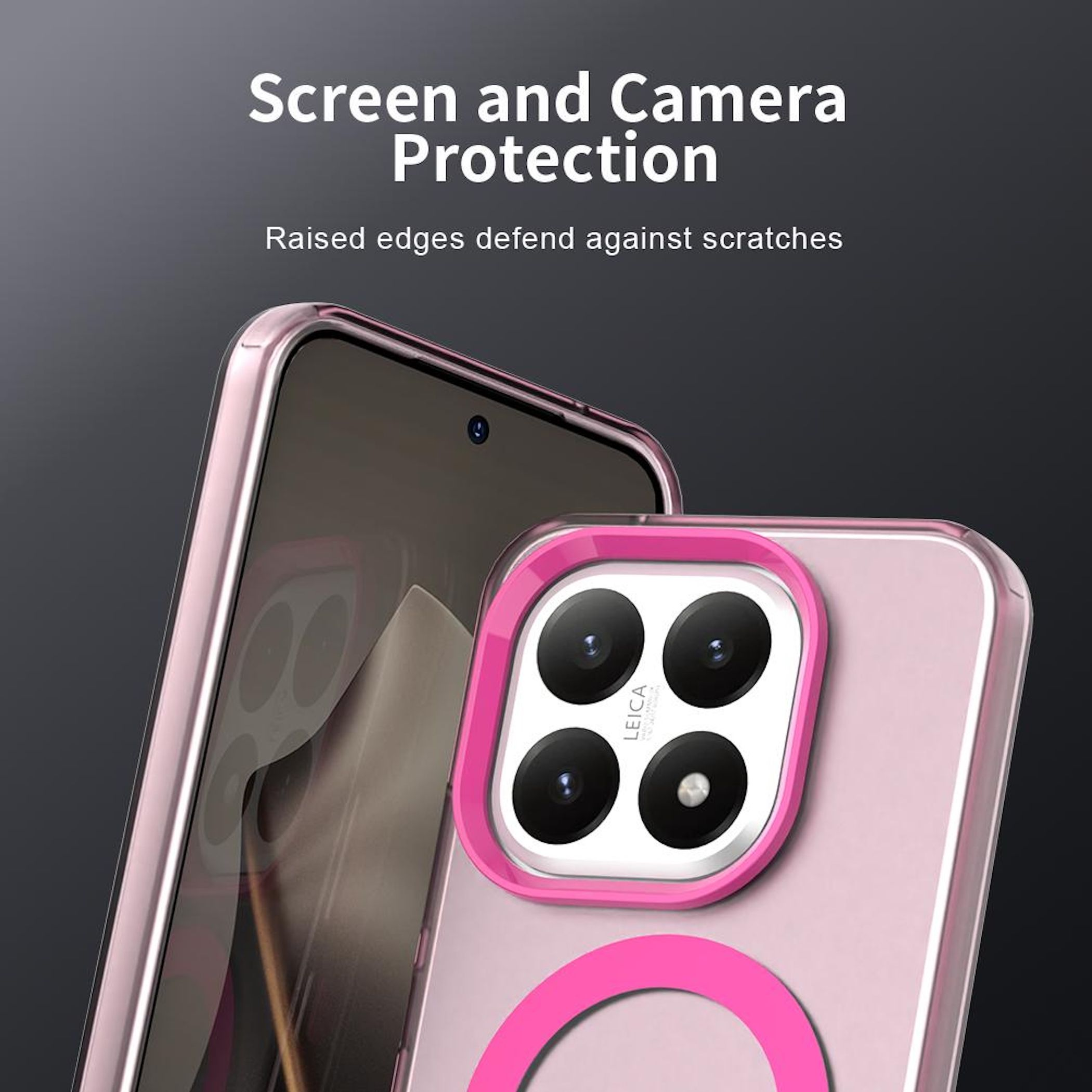 Funda de teléfono rosa con bordes elevados que protegen la pantalla y la cámara. Fondo negro. Texto: Protección de pantalla y cámara.