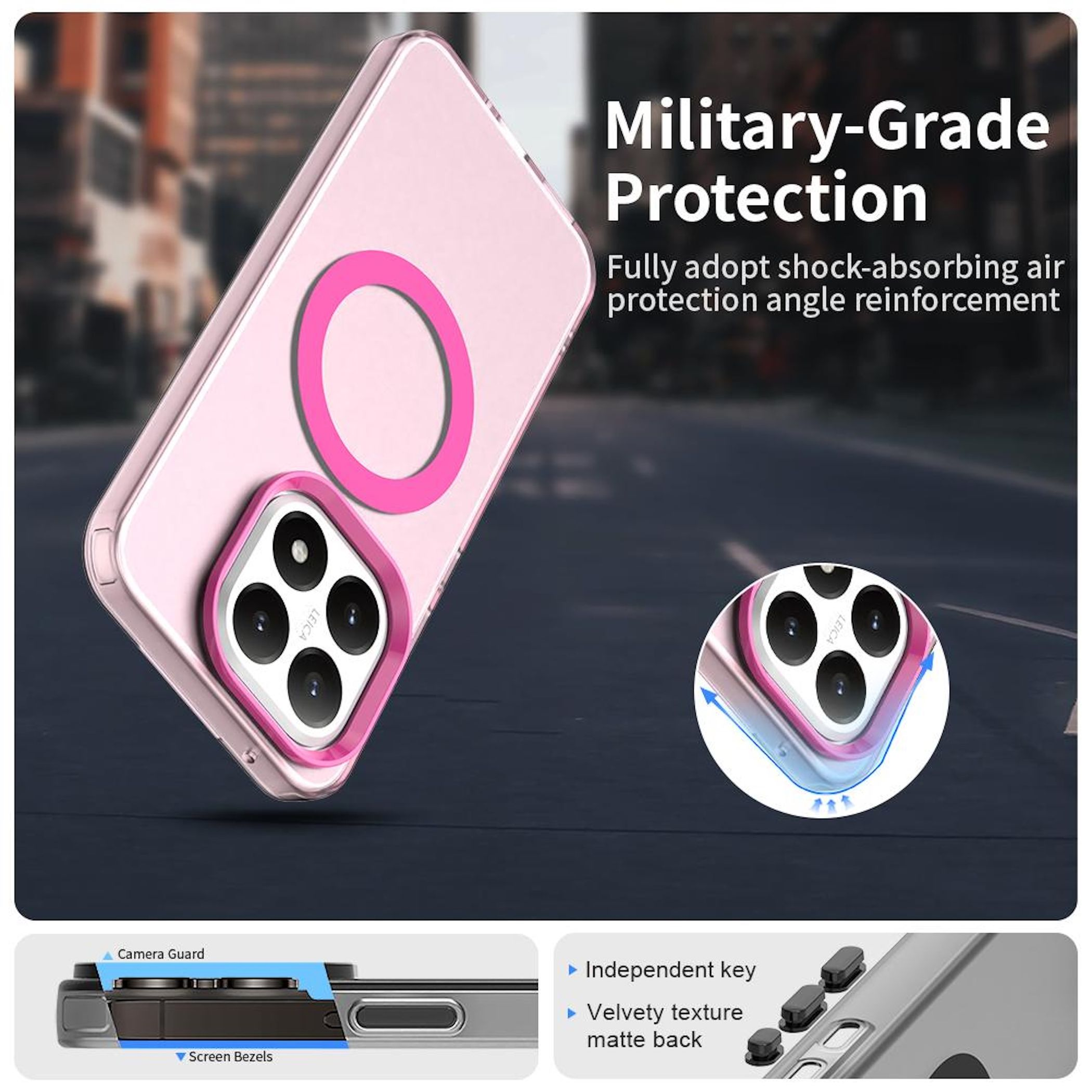 Una funda de teléfono con un anillo rosa y protector de cámara. Texto: Protección de grado militar.