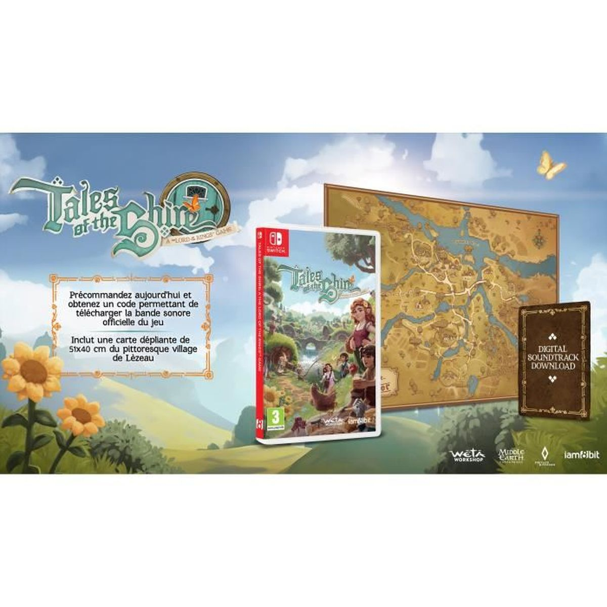 Scatola di gioco e mappa con farfalla. Testo: Tales of the Shire. Include il download della colonna sonora digitale.