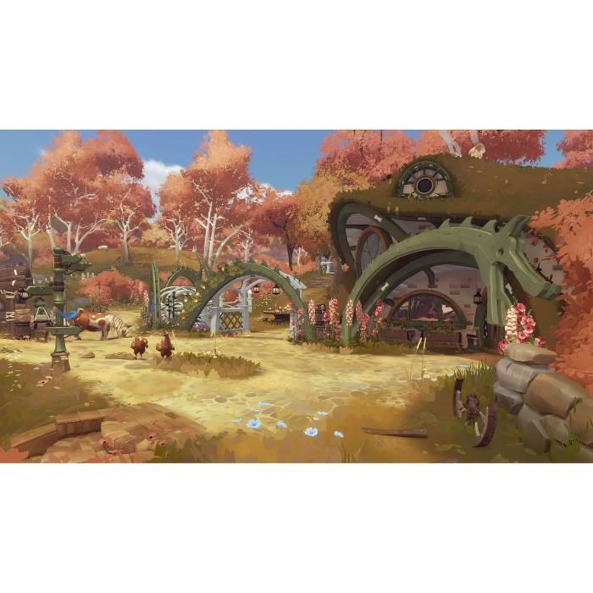 Scena fantasy: una casa con tetto verde, porte ad arco e un giardino. Alberi con foglie arancioni e cielo blu.