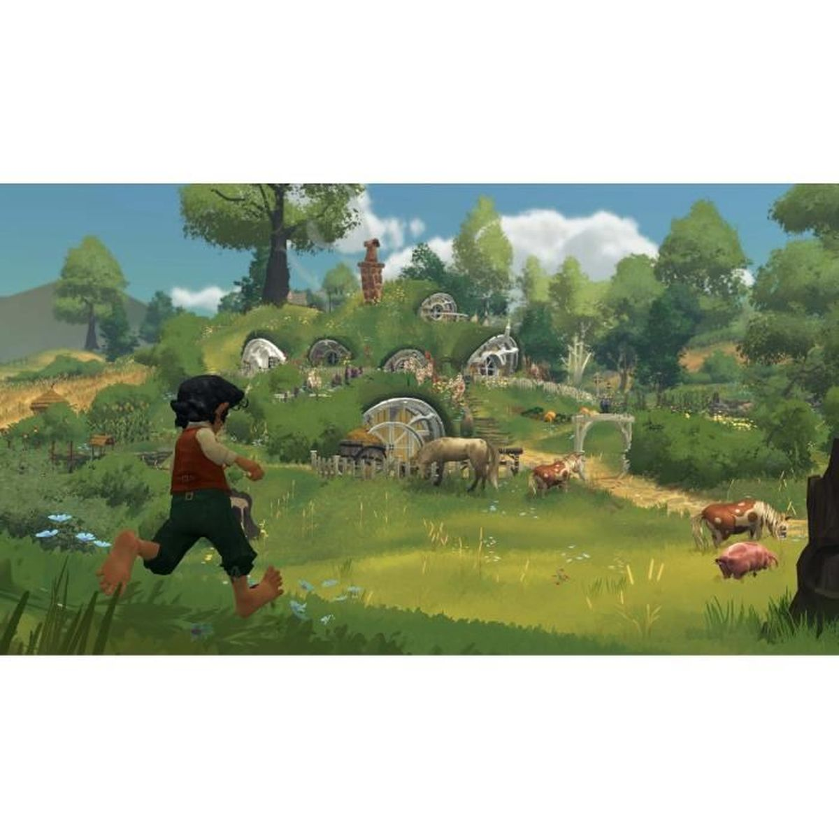 Un hobbit dei cartoni animati corre verso case hobbit su una collina. Mucche e cavalli pascolano in un campo. Erba verde e cielo blu.