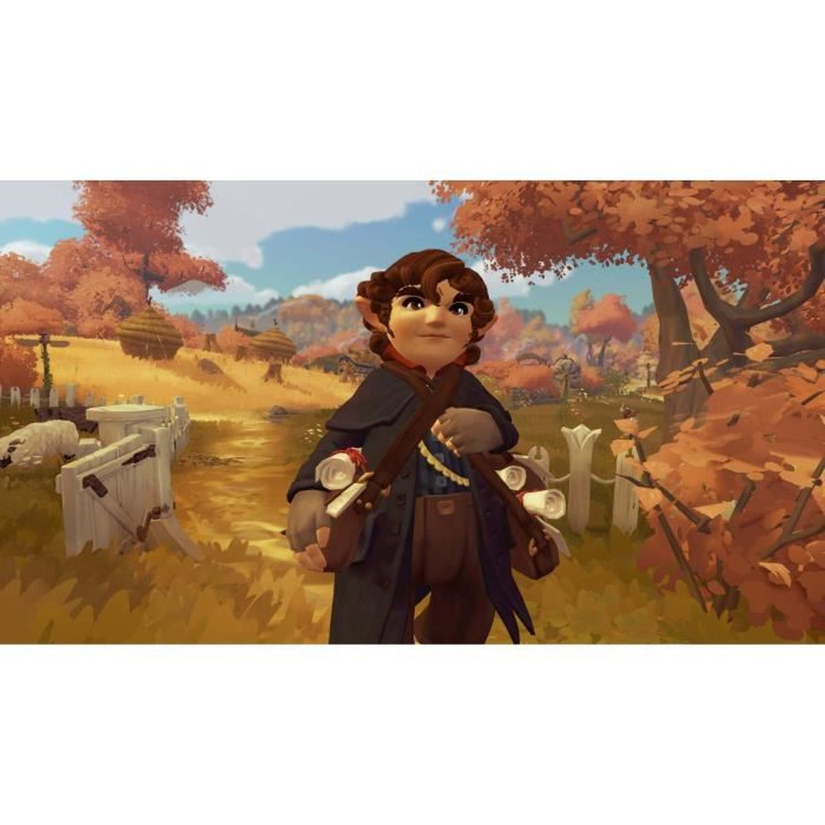 Un personaggio dei cartoni animati con capelli castani e un cappotto scuro cammina in un paesaggio autunnale. Alberi e una recinzione sullo sfondo.