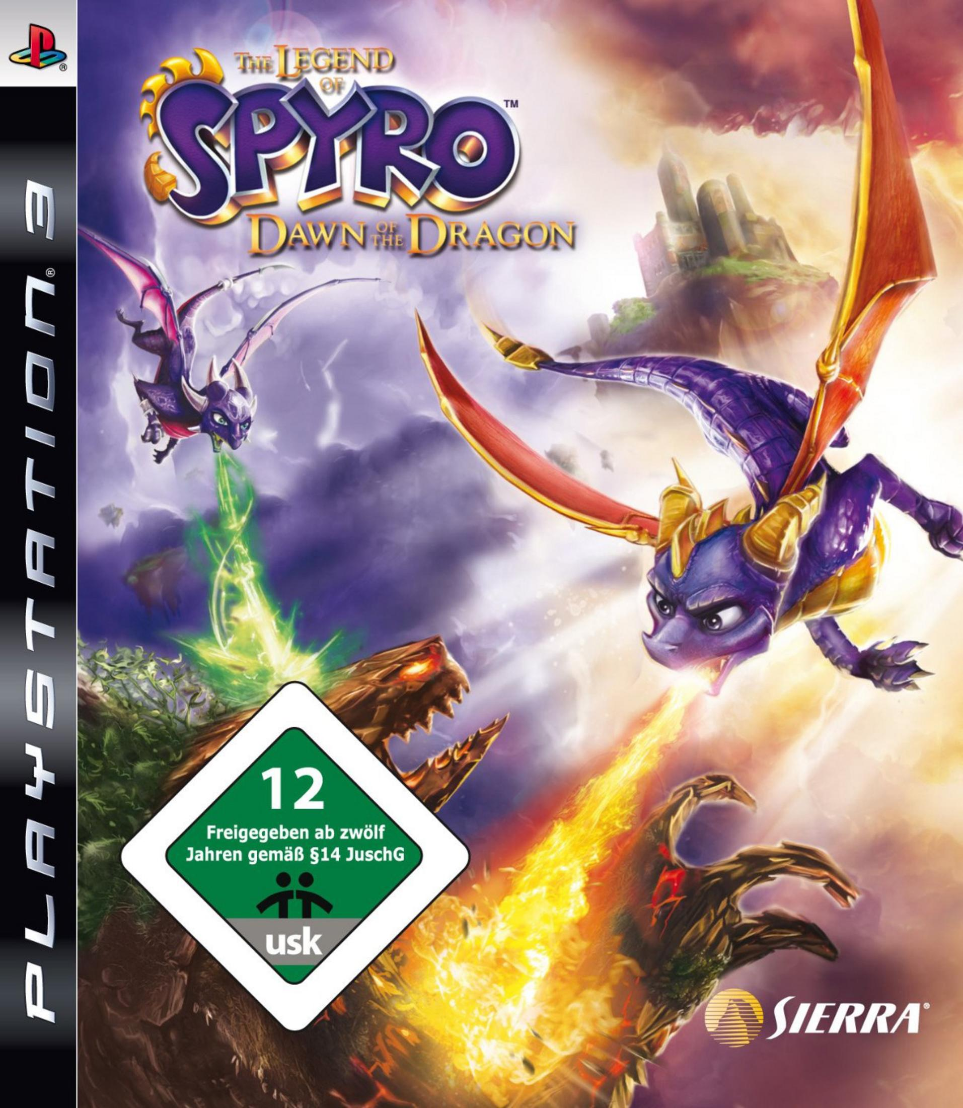 Cover-Art für 'The Legend of Spyro: Dawn of the Dragon'. Zeigt einen lila Drachen, Burg und Bewertungssymbol.