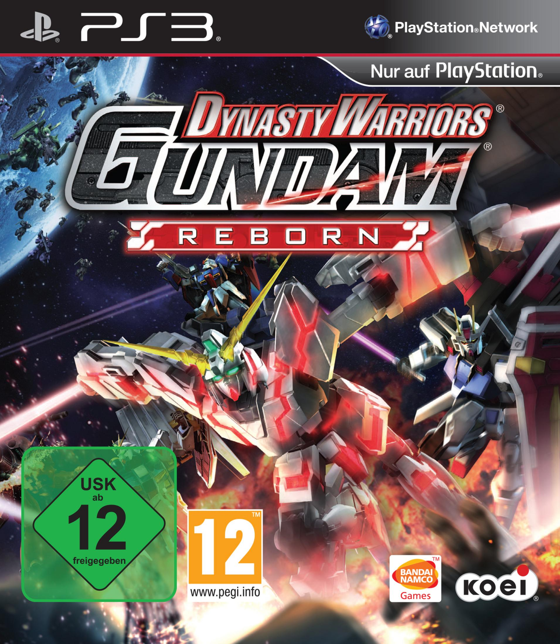 Spielcover von Dynasty Warriors Gundam Reborn. Es zeigt einen riesigen Roboter in Rot und Weiß und den Spieletitel.