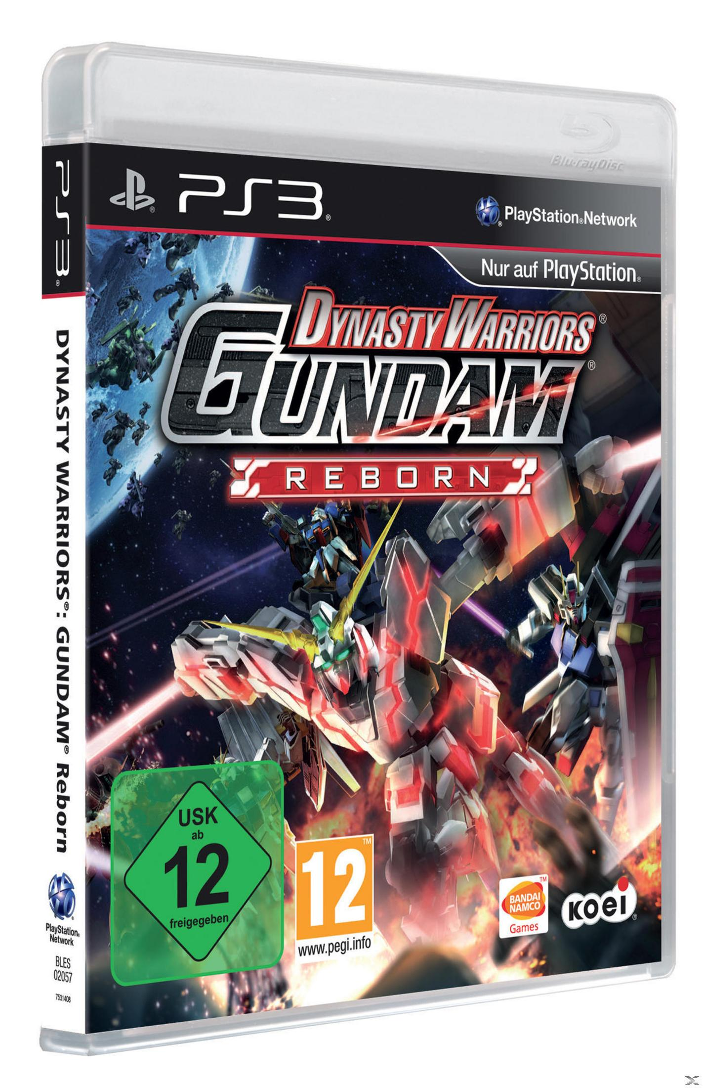 Spielhülle für 'Dynasty Warriors Gundam Reborn'. Zeigt Roboter in Aktion, PS3-Logo, Altersfreigaben und Spieletitel.