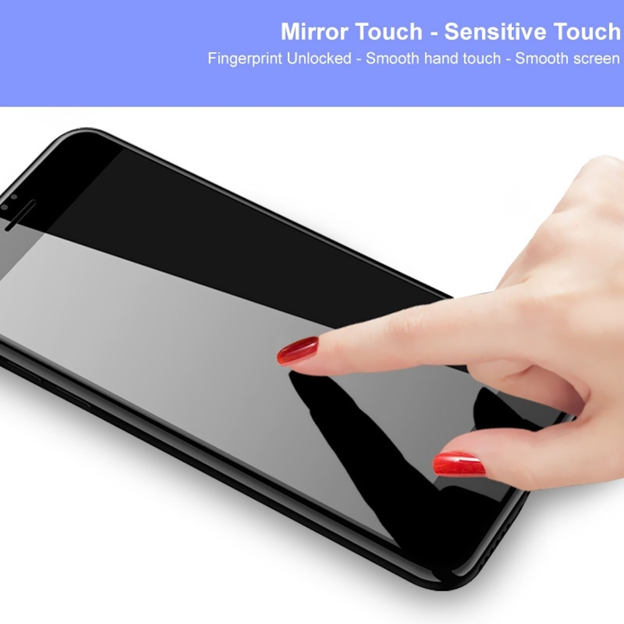 Hand berührt einen Telefonbildschirm. Der Bildschirm ist schwarz und reflektiert den Hintergrund. Roter Nagellack an Fingern.