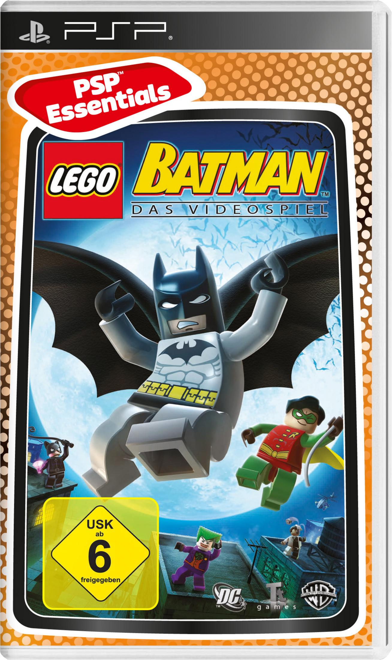 LEGO Batman-Videospiel-Cover. Batman und Robin sind abgebildet. Der Hintergrund zeigt einen Mond und eine Stadtlandschaft.