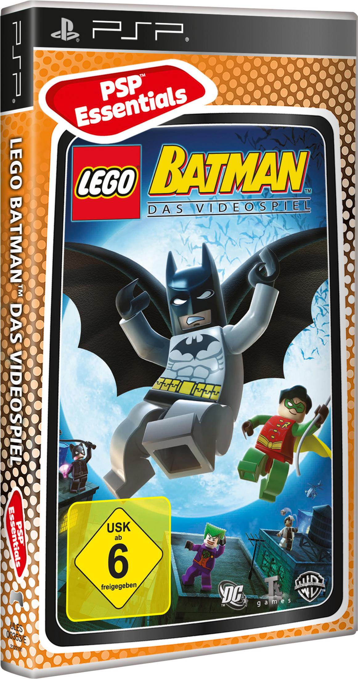 Lego Batman Spielcover. Batman fliegt, Robin und Joker stehen auf Dächern. Das Spiellogo befindet sich auf blauem Hintergrund.