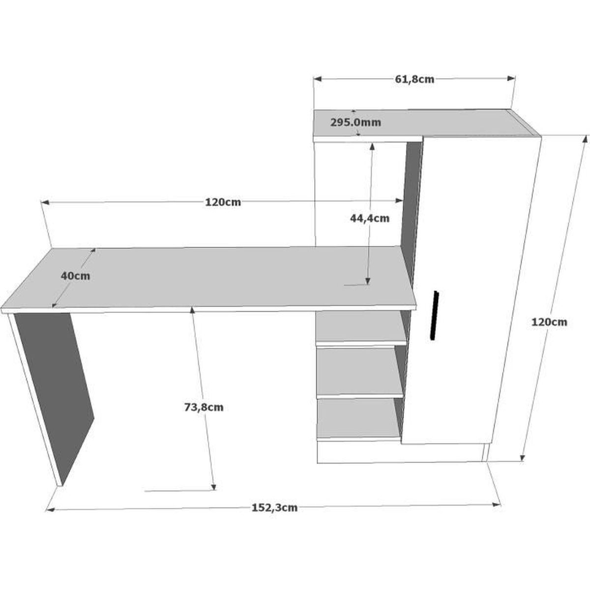 Eine schematische Darstellung eines Schreibtisches mit Maßangaben. Der Schreibtisch hat eine Tischplatte, Stauraum mit Regalen und eine Tür.