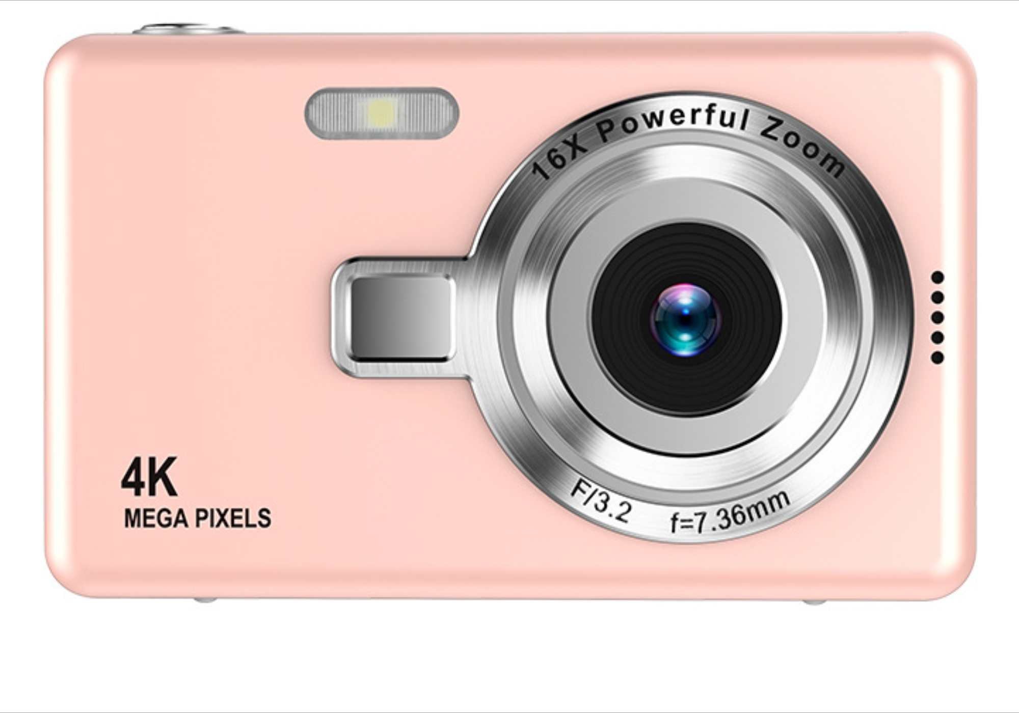 Eine rosa Digitalkamera mit Objektiv, Zoomfunktion und 4K Megapixeln. Sie hat einen Blitz und silberne Akzente.