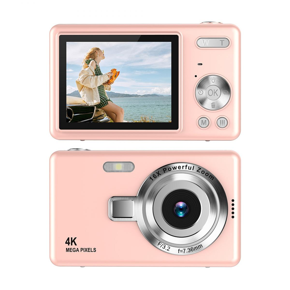 Eine rosa Digitalkamera mit einem Bildschirm, der eine Frau in der Nähe des Meeres zeigt. Die Kamera hat Knöpfe und ein Objektiv.