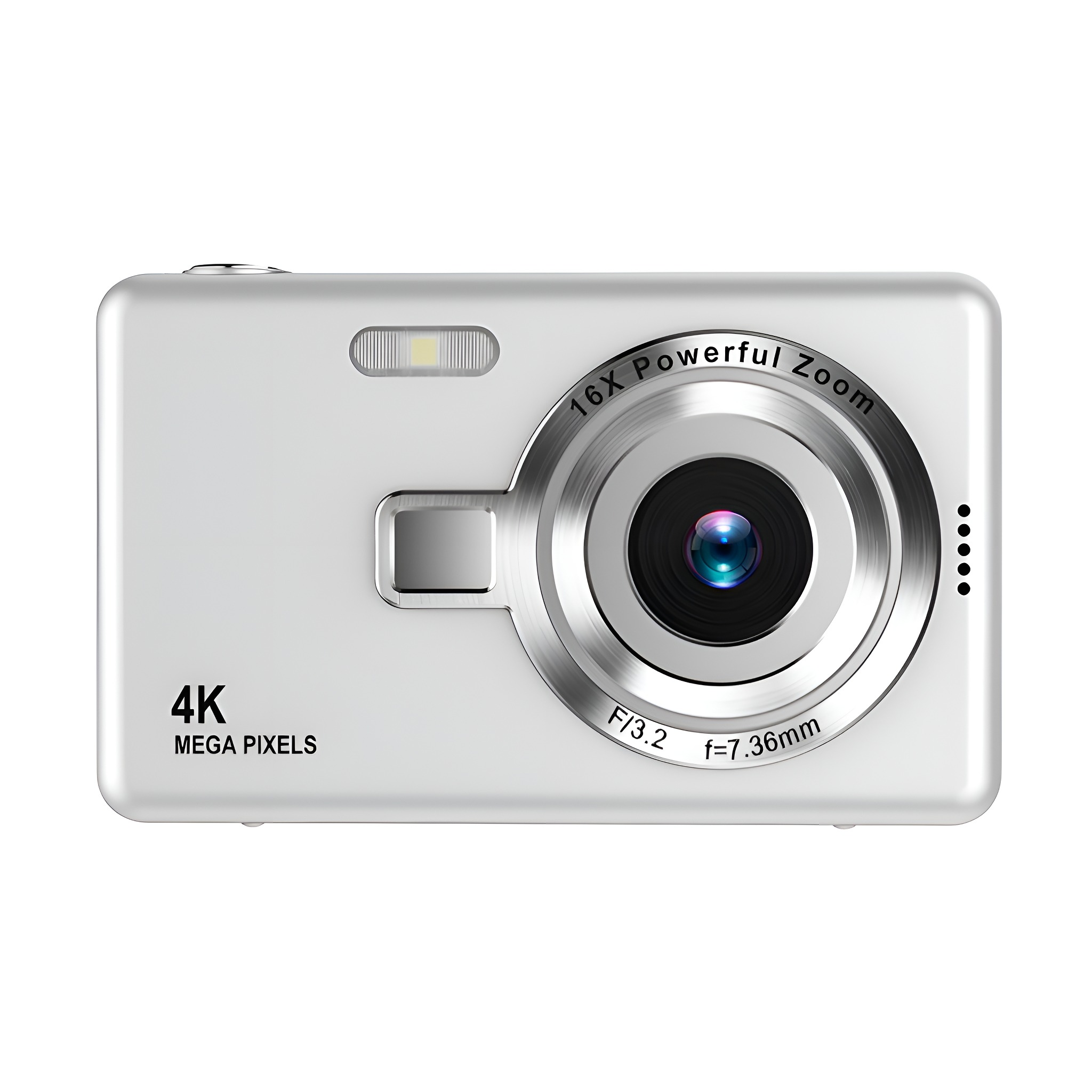 Eine weiße Digitalkamera mit Objektiv, 4K Megapixeln und 16X Powerful Zoom, isoliert auf weißem Hintergrund.