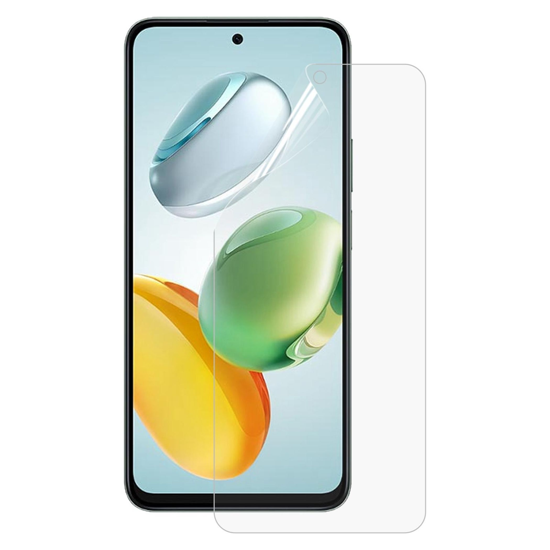 Ein Smartphone mit Displayschutz. Der Bildschirm zeigt abstrakte Formen in Blau, Grün und Orange auf hellblauem Hintergrund.