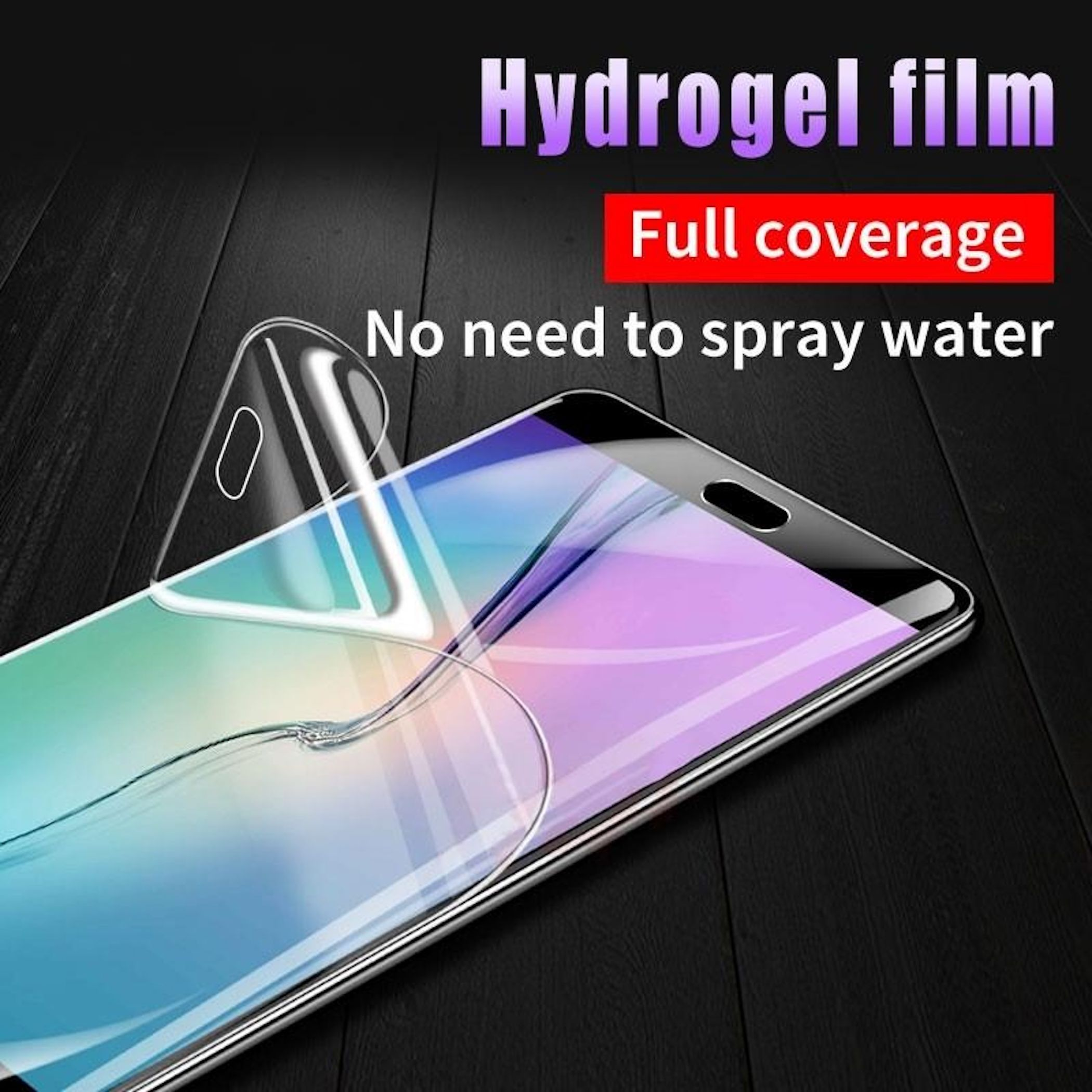 Ein Telefonbildschirm mit einer aufgebrachten Hydrogelfolie. Der Text lautet 'Hydrogelfolie' und 'Volle Abdeckung'.