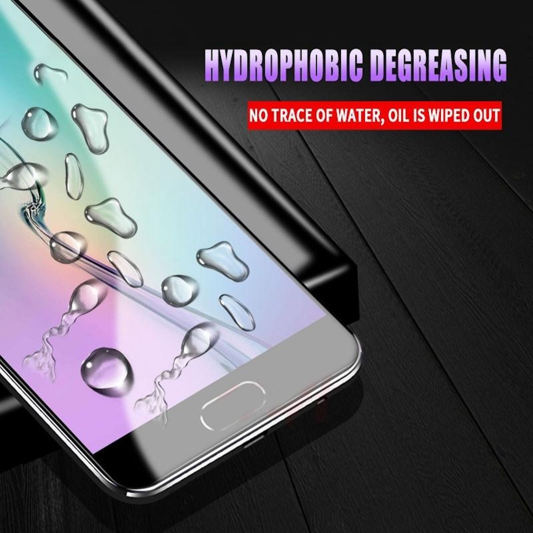 Ein Telefonbildschirm mit Wassertropfen. Der Text lautet 'Hydrophobe Entfettung, Keine Spur von Wasser, Öl wird entfernt'.