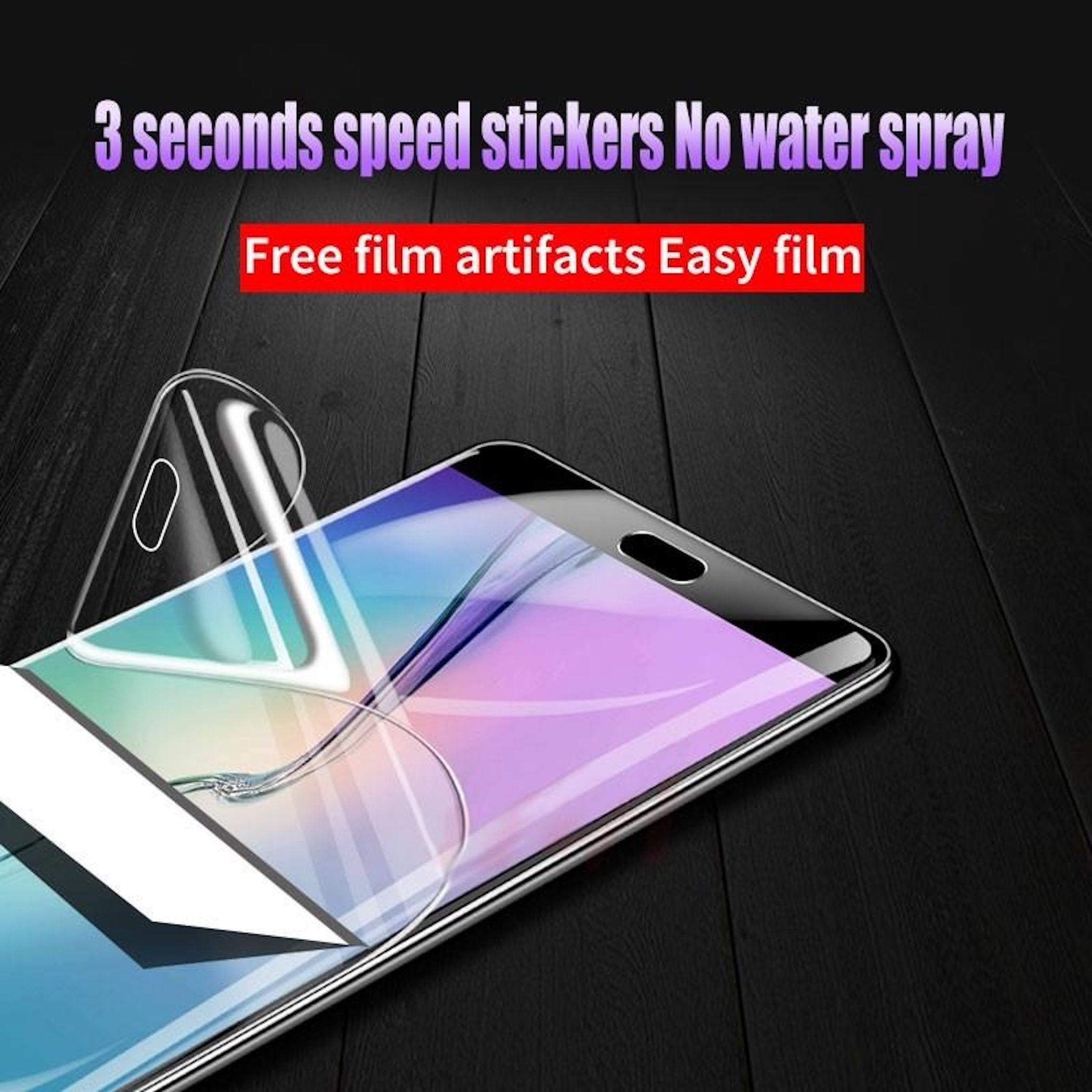 Ein Telefon mit aufgebrachter Displayschutzfolie. Im Hintergrund steht "3 Sekunden Speed-Sticker".